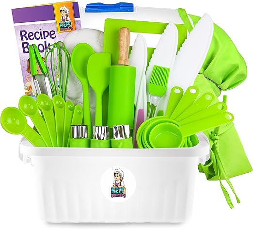 KEFF Real Kids Kitchen Set for Cooking & Baking with Recpie Book - Kids Knife Set for Real Cooking, Montessori Kitchen Tools for Toddlers - Real Utensils with Kids Cutting Board and Knife Set BPA-Free