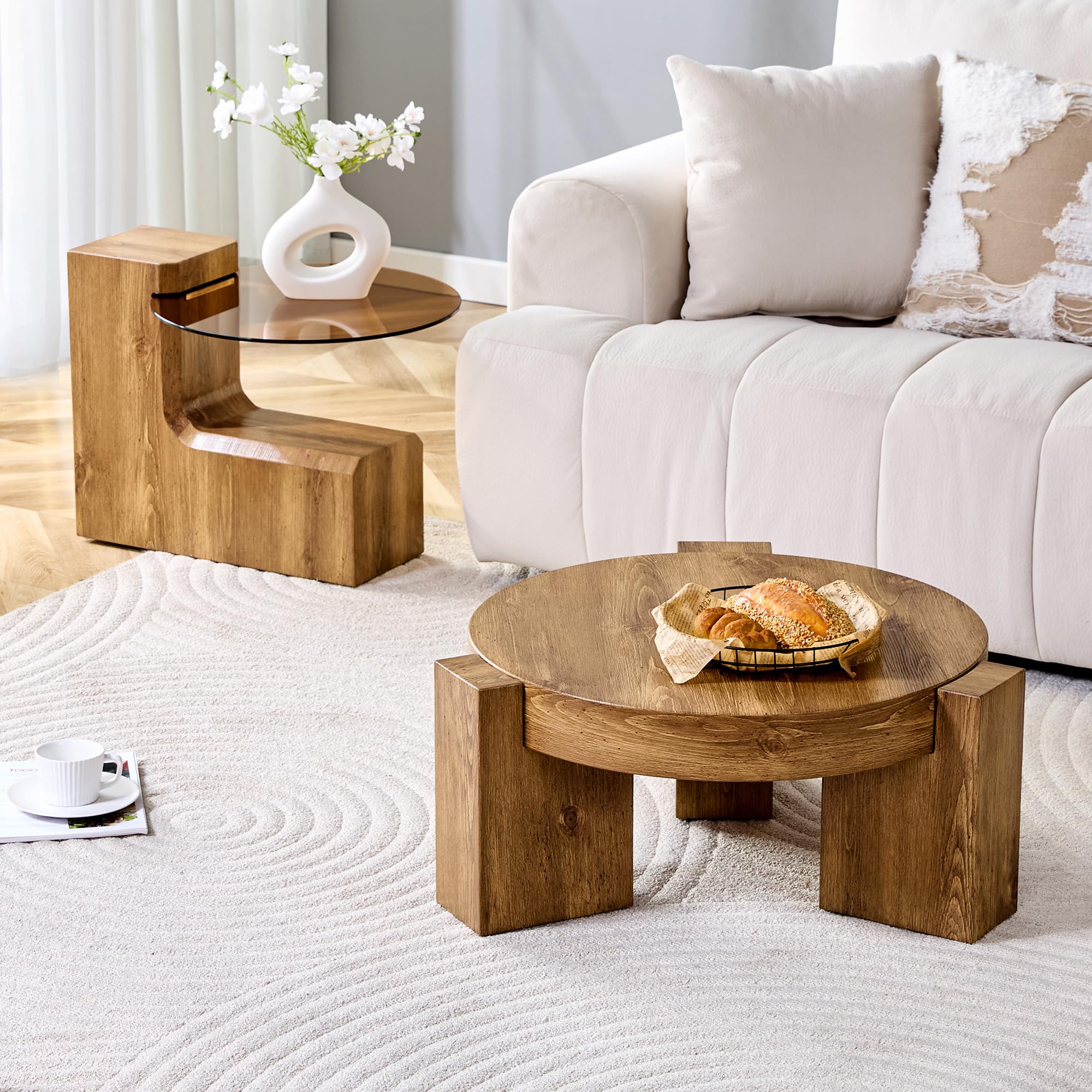 Bladez Mesa de centro con 2 niveles y patas en forma de L, mesa auxiliar redonda desmontable con tapa de cristal marrón transparente y aspecto de madera, para salón, dormitorio, balcón, mesa de centro