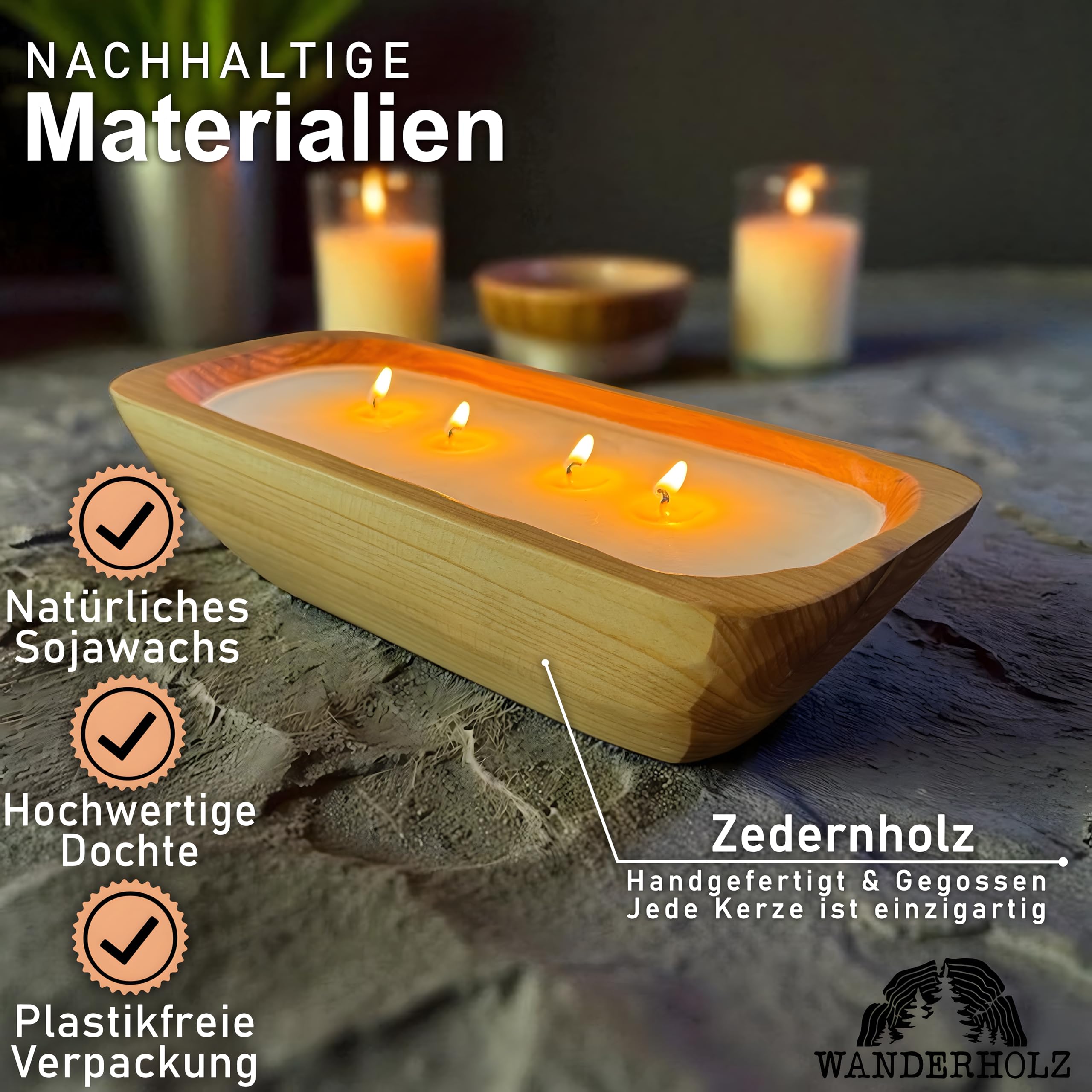 Bougie en cire de soja dans un bol en bois de cèdre - Bougie à plusieurs mèches durable avec cire de soja - Bougie à quatre mèches - Bougie de soja - Grande bougie cadeau - Grande