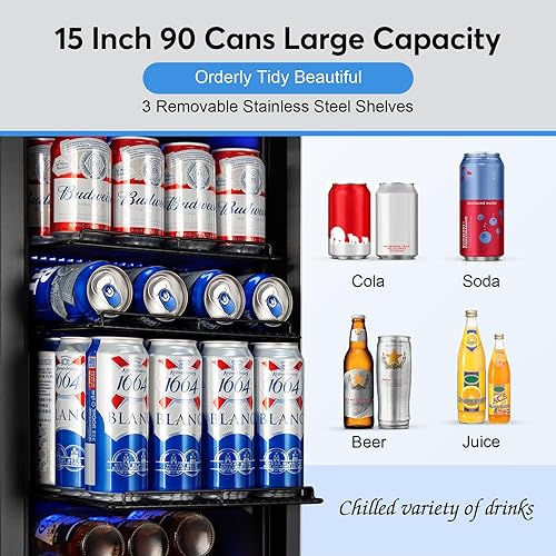 Miniatura 4 de Refrigerador de bebidas de 15 pulgadas de ancho, enfriador de bebidas mejorado con puerta de cristal, capacidad de refrigerador de bebidas para 90