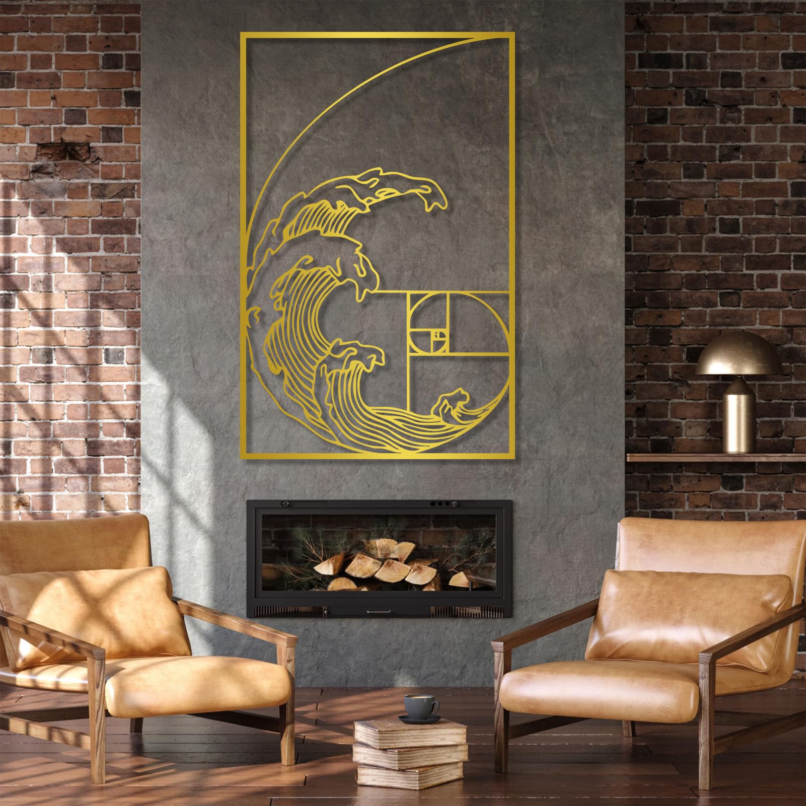 Esculturas Decorativas de Pared de Metal con diseño geométrico de Onda y proporción áurea para Sala de Estar Dormitorio y Cocina Color Dorado Medidas: 105 x 68 cm (41" x 27")