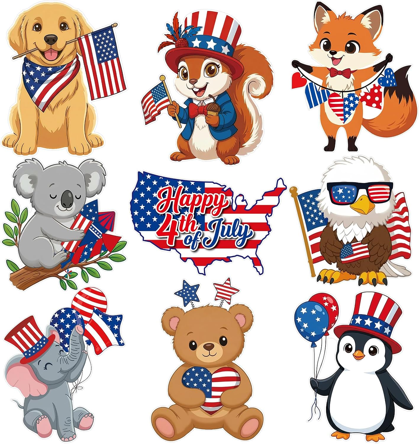 COCHIE Large 11"x14" 4th of July Bulletin Board Decorations Cutouts Set, 9PCS Patriotic Animals USA Flag Cutout Red White and Blue Decor, Fourth of July Cut Outs Party Wall Door Decoration (Animals)