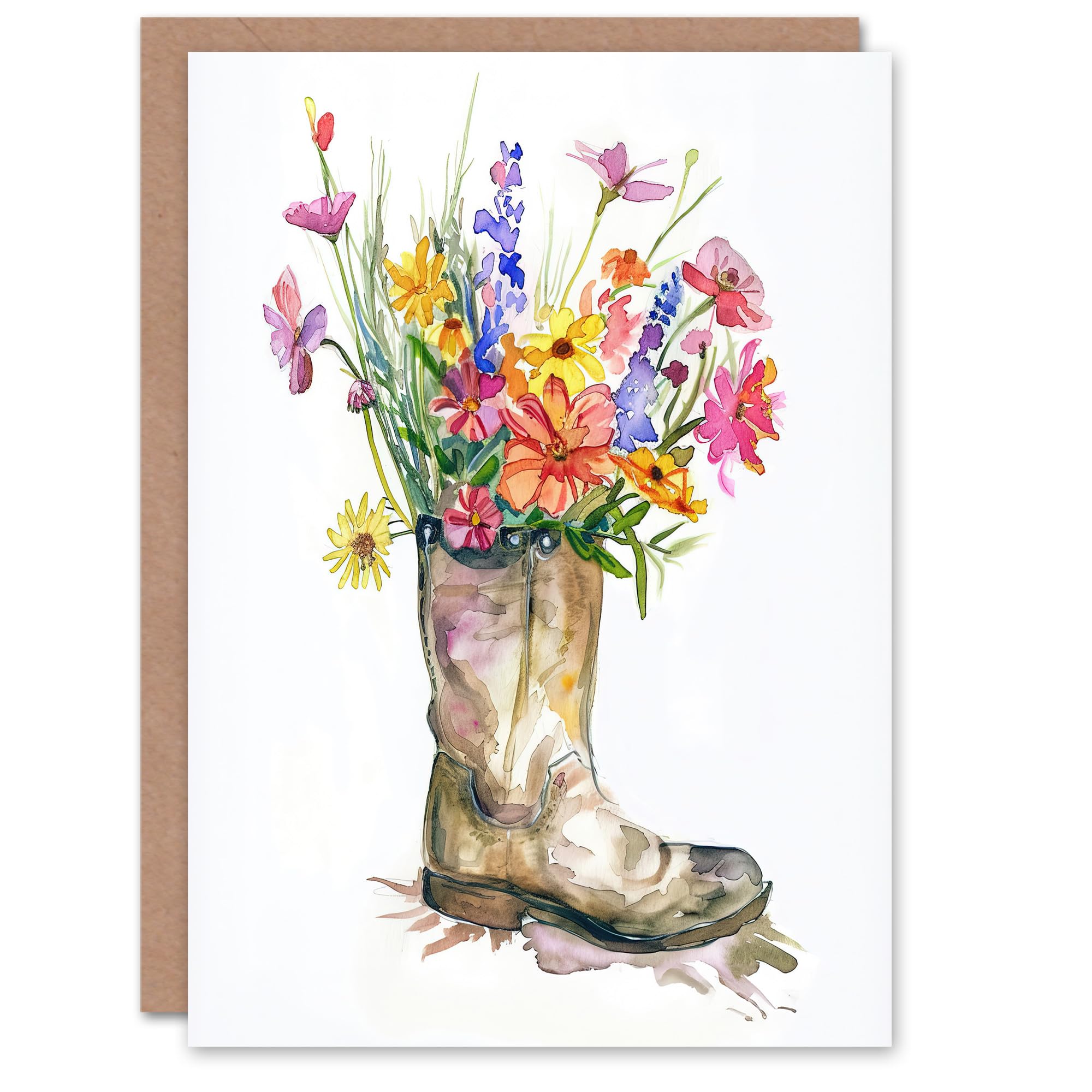 Greeting Card Colourful Wildflower Bouquet in Army Boot Vase Birthday