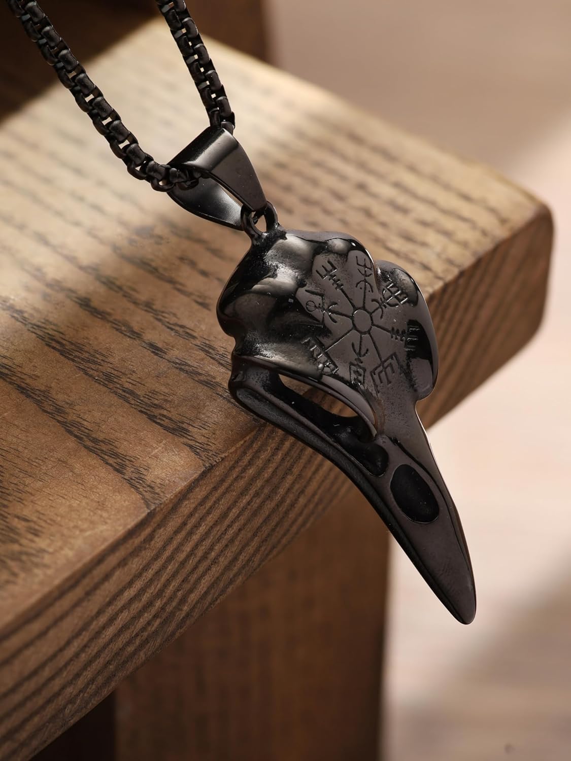 HAQUIL Helm of Awe Necklace, Stainless Steel Viking Raven Skull Aegishjalmr Protection Talisman Pendant, Box Chain, Viking Jewelry for Men - Image 4