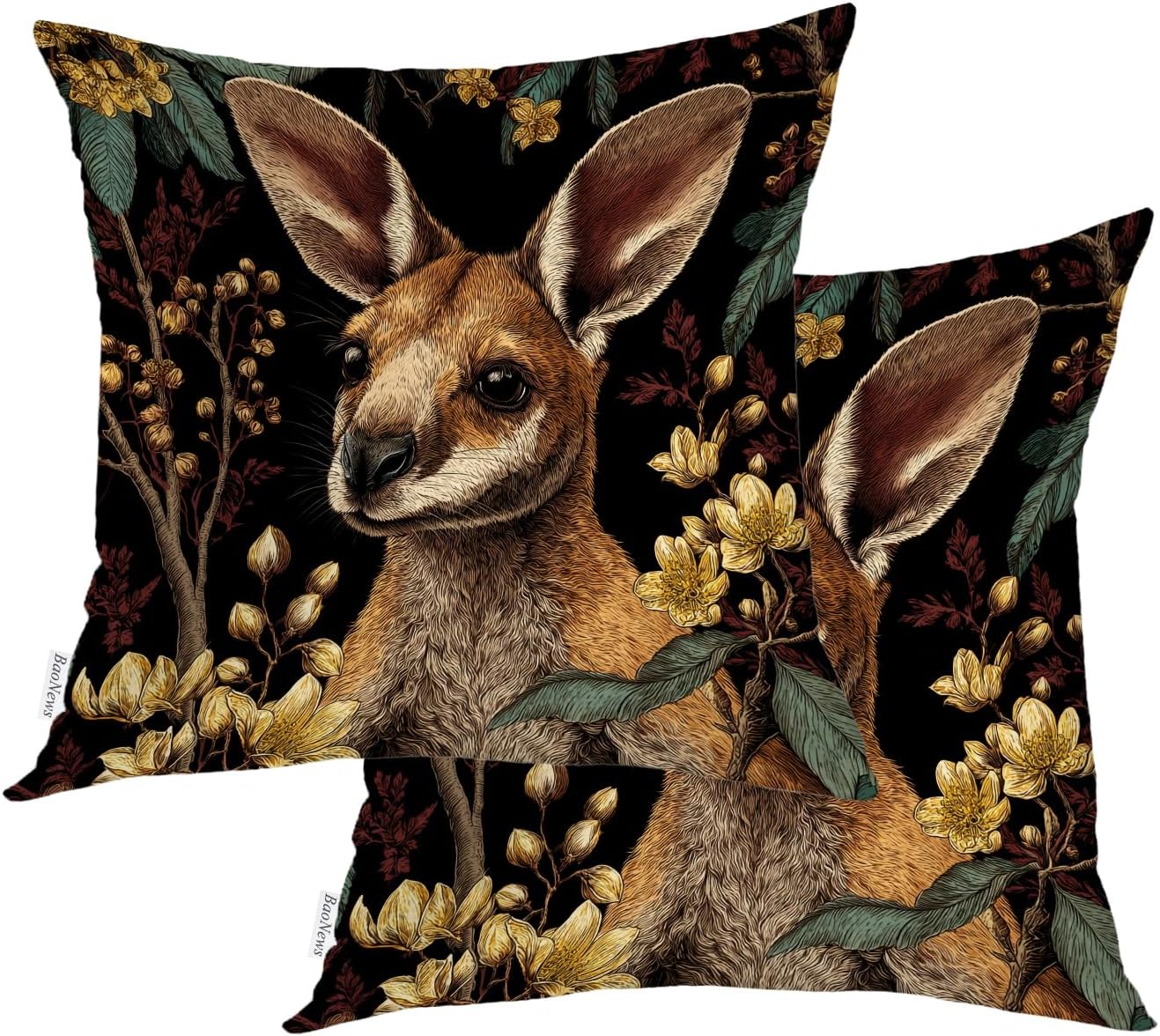 Cute Kangaroo Throw Pillow Covers, Kangaroo with Flowers Leaves Cushion Cover Digital Blended Hidden Zipperl Decorative Pillowcases for Hair Skin Square 20X20 in 2 Pcs