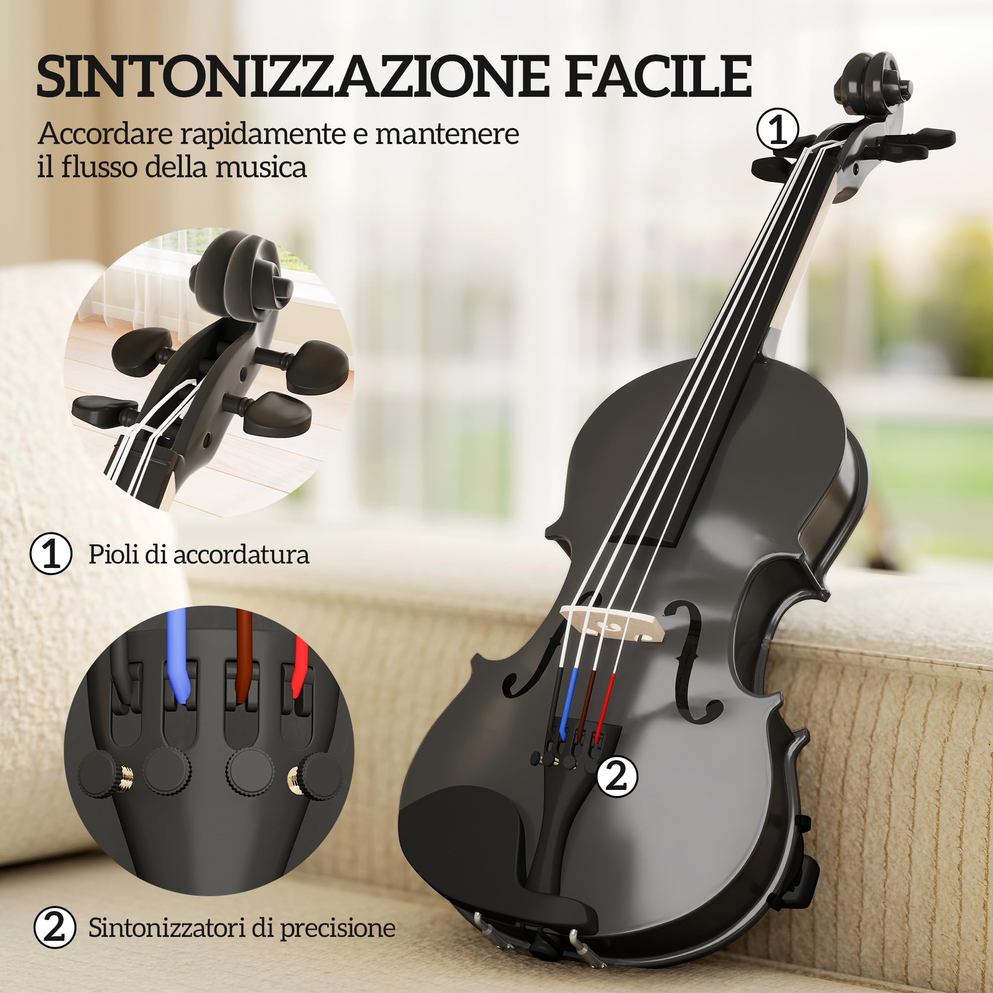 HOMCOM Violino 4/4 in Legno per Principianti e Adulti con Custodia Nero | Arco, Spalliera, Pece, Tavola in Compensato Abete, Manico e Testa in Acero