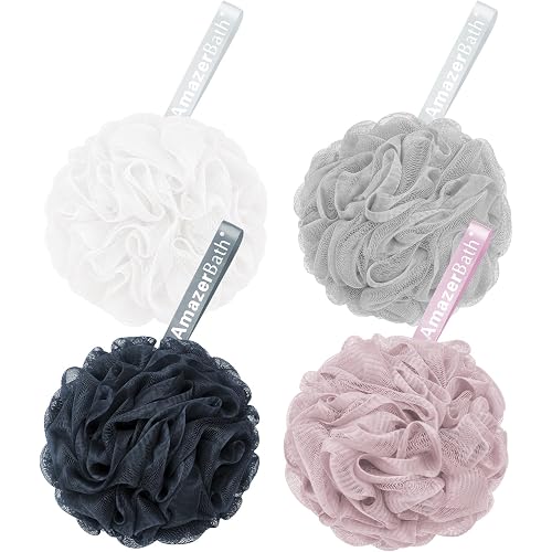 AmazerBath Loofah Sponge 75g/Piece, Exfoliating Bath Sponge Body Scrubber - Loofa Set of 4 Grey Blue-Pink-Grey-White (Large)