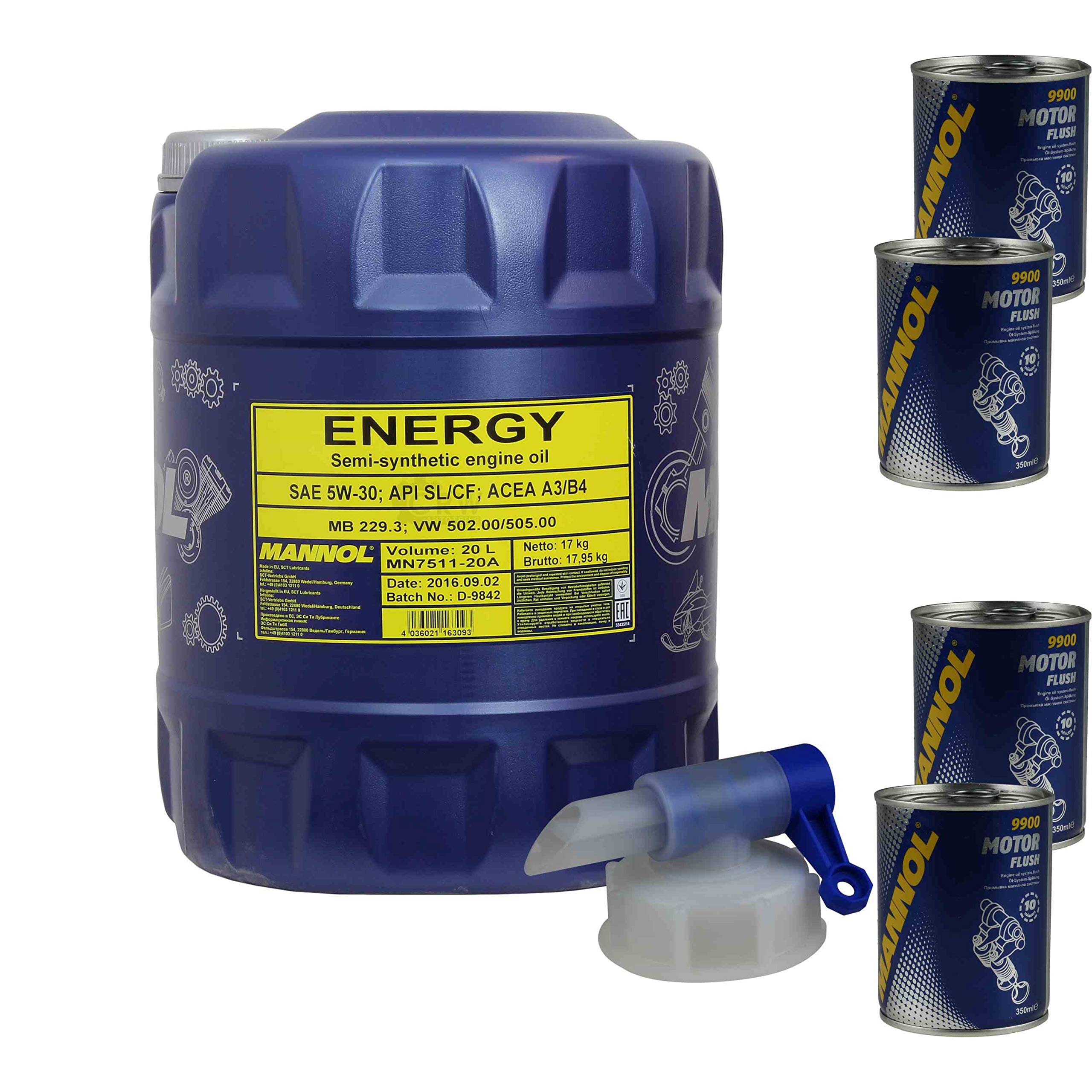20L Olio Motore MANNOL Energy 5W-30 4x Motor Flush ADDITIV