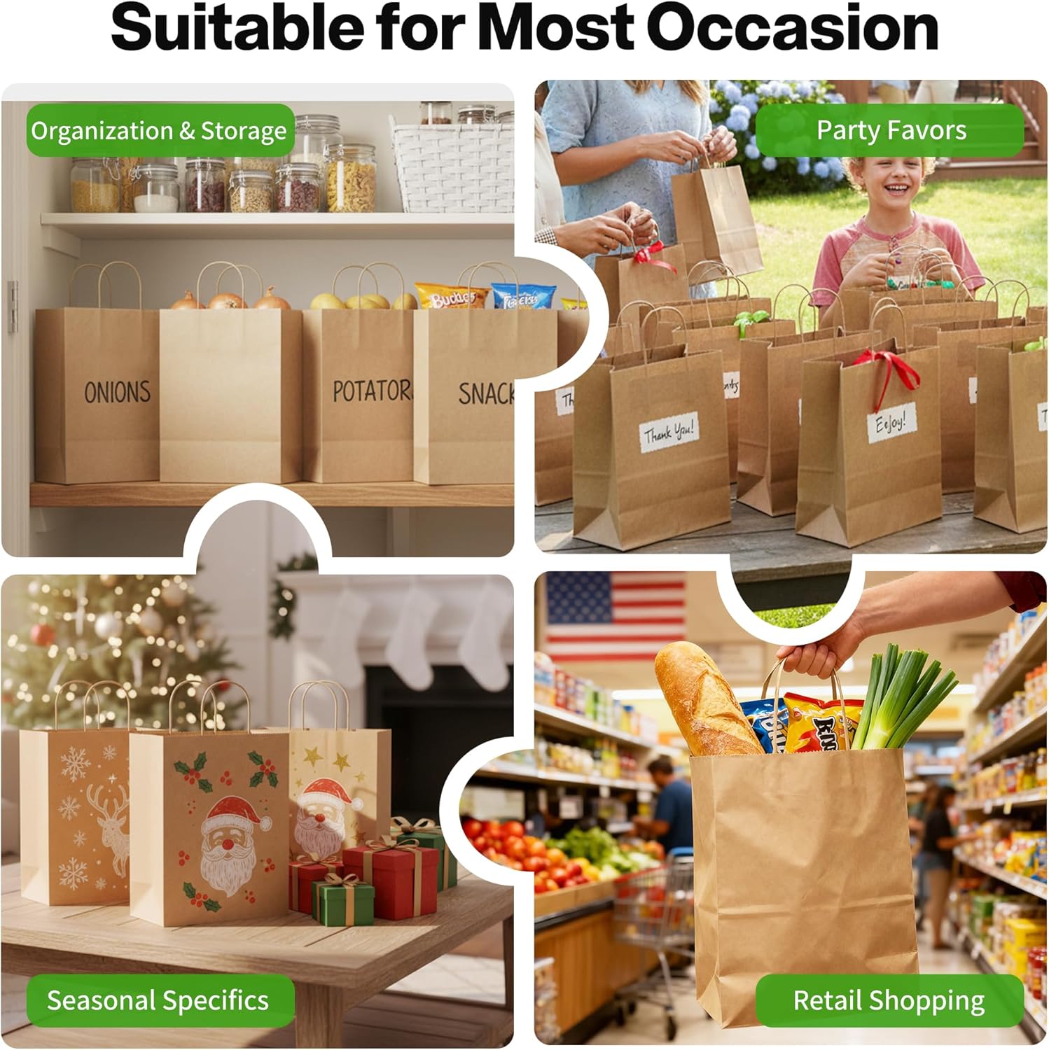 Simple Deluxe 100 Pack Kraft Paper Handled Carriers 10x5x13 - Made in USA - 15 Lb Max Load - 100% Recycled Natural Brown Shopping Bags for Retail, Gifts & Merchandise (Premium 90GSM)