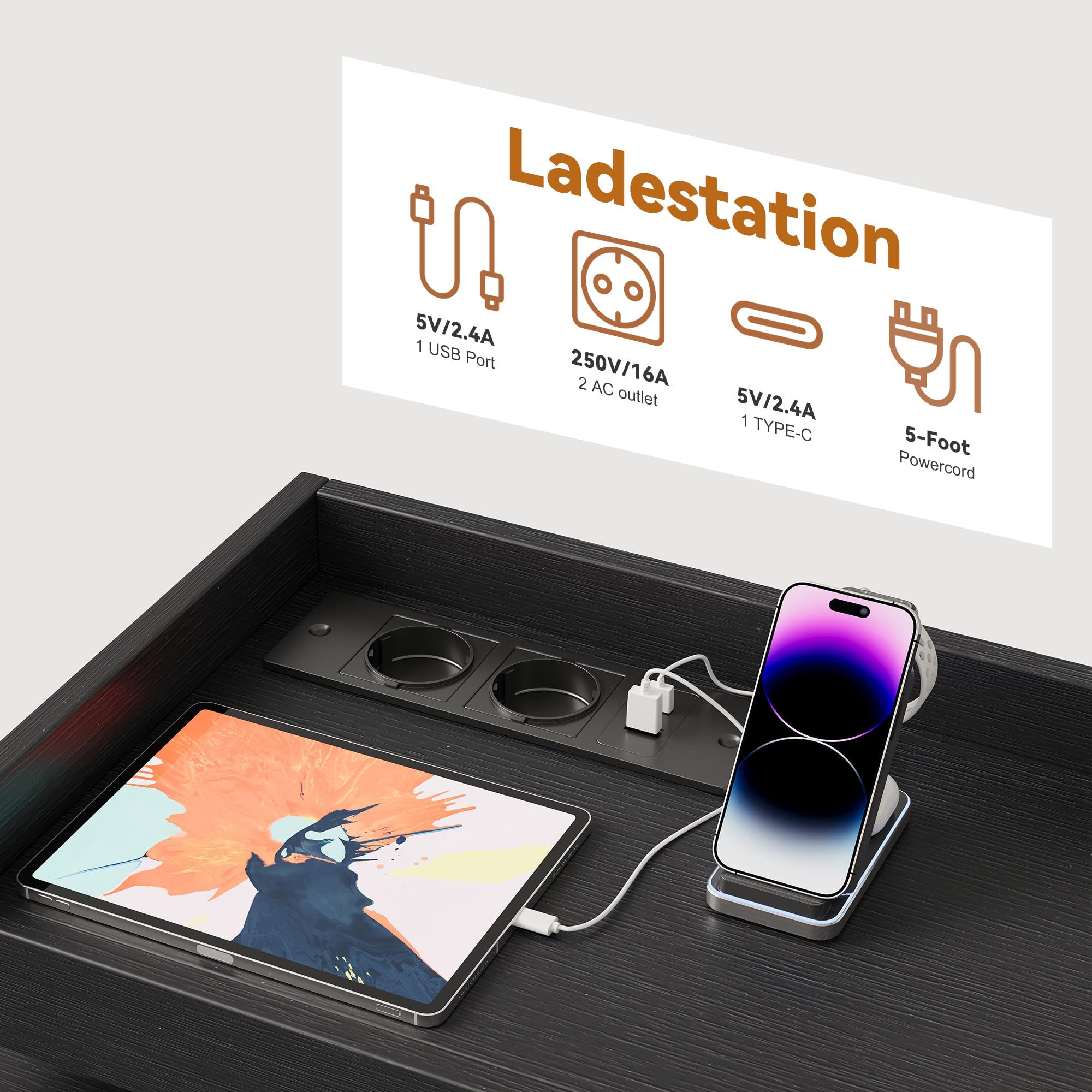 Cassettiera con 8 cassetti, in tessuto con illuminazione a LED, credenza con porte di ricarica USB, armadietto portaoggetti per camera da letto, soggiorno e corridoio (nero, 8 cassetti)