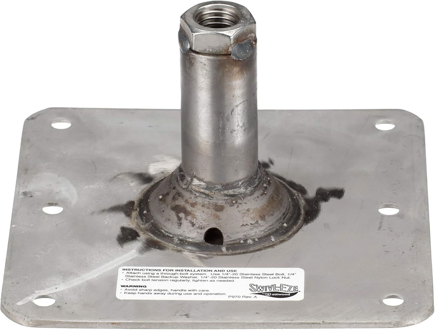 Attwood SP-67739-T Lock’N-Pin ¾-Inch Pin Base — 7x7-Inch Base, Threaded, Acetal Bushing, Pre-Drilled for Mounting,Silver