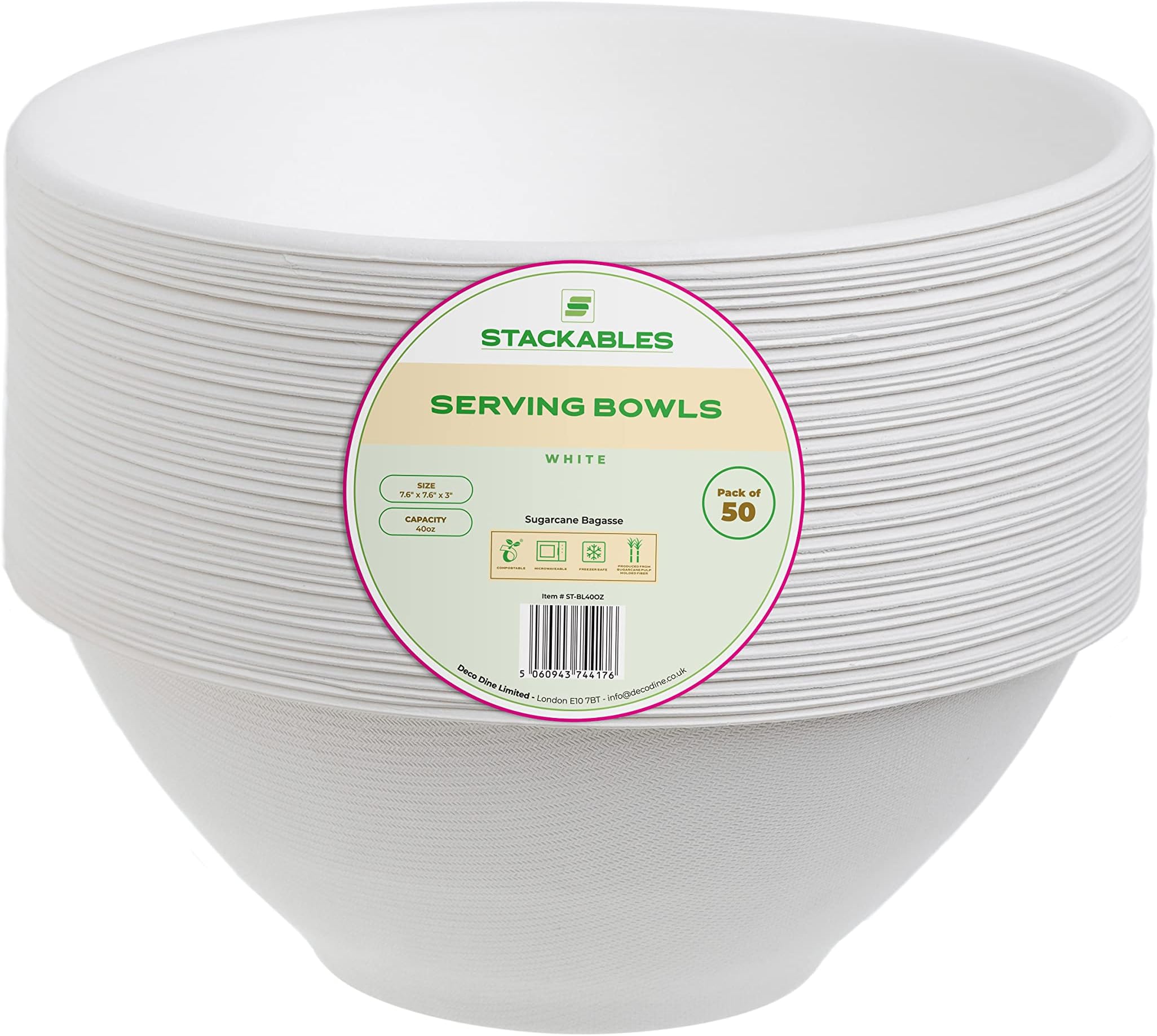 STACKABLES~ Pack of 50 Disposable Serving Bowls ~ 40oz Sugarcane Bagasse Round White Bowl Set Elegant Large Party Bowls