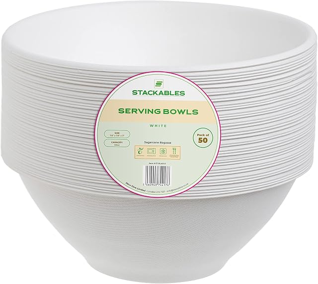 STACKABLES ~ Pack of 50 Disposable Serving Bowls ~ 40oz Sugarcane Bagasse Round White Bowl Set Elegant Large Party Bowls