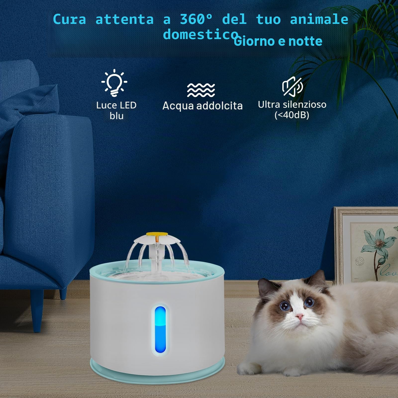AQXONG Fontanella per Gatti da 2.4 Litri Con Quattro Filtri, Fontana per Animali Domestici Ultra Silenziosa con Luce a LED - Sistema di Filtrazione Quadruplo, Tre Modalità di Flusso Dell'acqua
