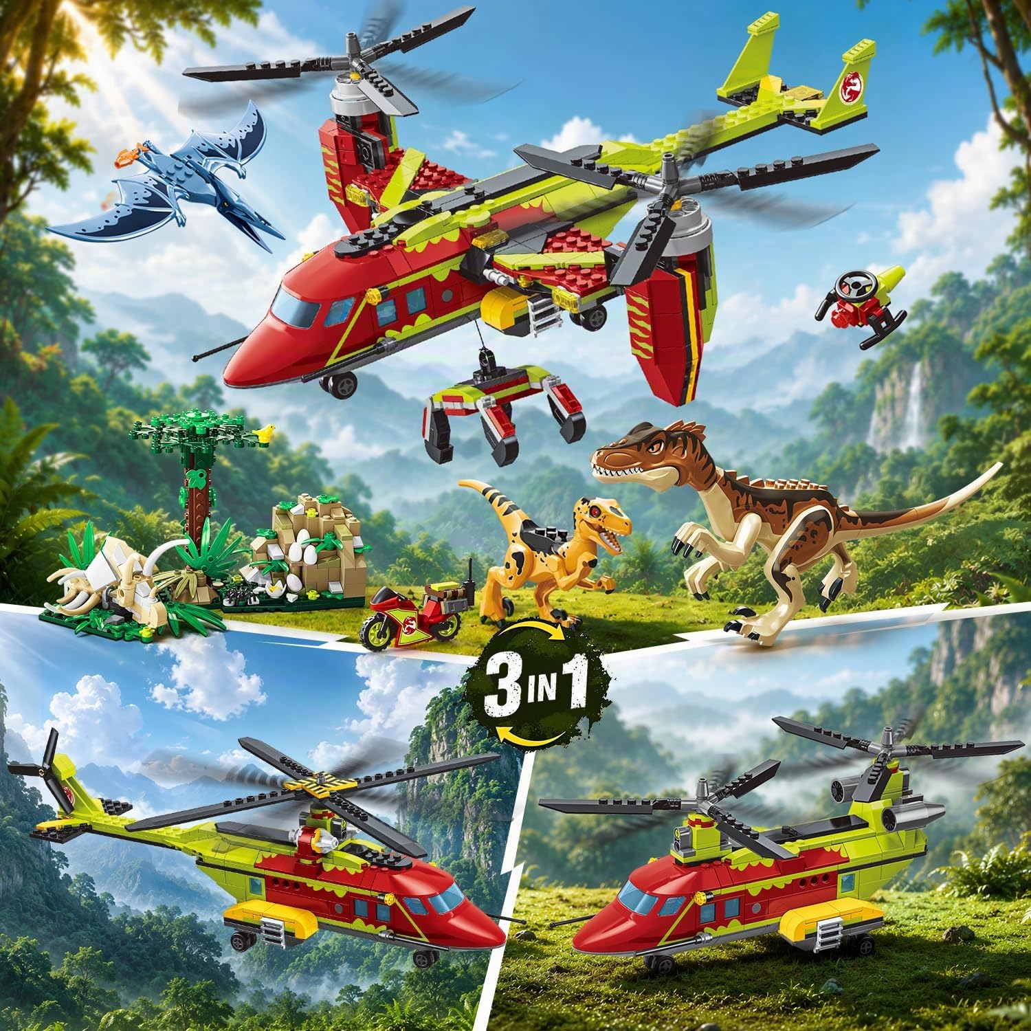 HOGOKIDS 3-in-1 Dinosaurier-Rettungsflugzeug-Bauset für Jungen ab 6 Jahren | Baue ein Kipprotorflugzeug, einen Transport- oder Doppelrotor-Hubschrauber mit Greifhaken – ein kreatives Geschenk ab 6