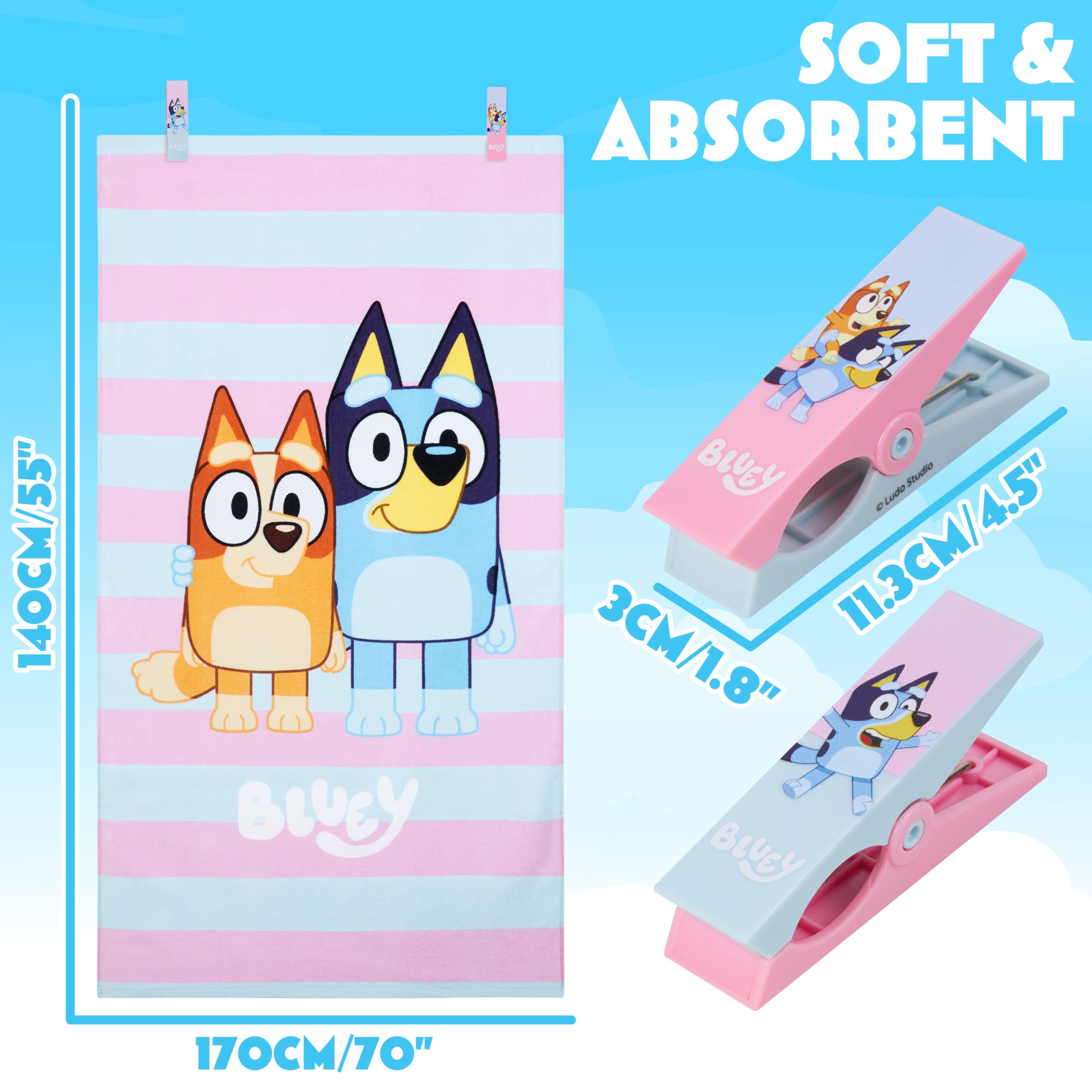 BlueY Asciugamani Bambina avec 2 Mollette Asciugamano da Mare Absorbant 100% Cotone Teli Mare Bambini Séchage Rapide 140x70cm Accessori Viaggio