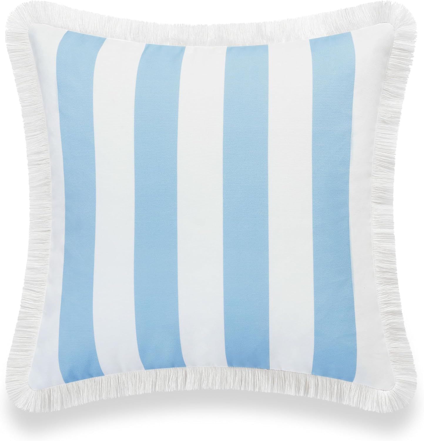 Hofdeco Premium Coastal Hampton Style Patio Indoor Outdoor Pillow Cover Only, 20"x20" Water Resistant for Backyard, Couch, Baby Blue Stripe Fringe - Image 6