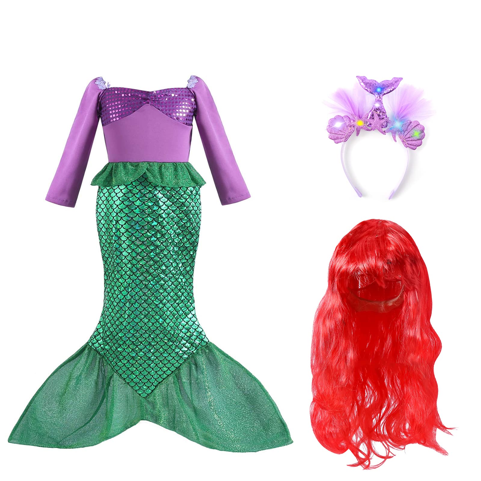 DNQCOS Girls Mermaid Princess Dresses Birthday Party Halloween Cosplay Costumes Set w/Wig and Light-up headband size 7-9