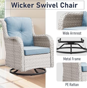 Patio Bistro Set with Outdoor Swivel Chairs, Wicker Outdoor Patio Swivel Chairs with Ottomans and Side Table, Furniture Set for Yard, Deck, Garden, Light Beige Wicker/Light Blue Cushion