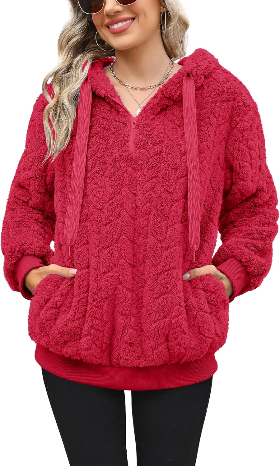 Yanekop Womens Fuzzy Fleece Pullover Oversized Sherpa Jacket Half Zip Pullover Sweaters Winter Faux Fur Jacket Coat - Image 2