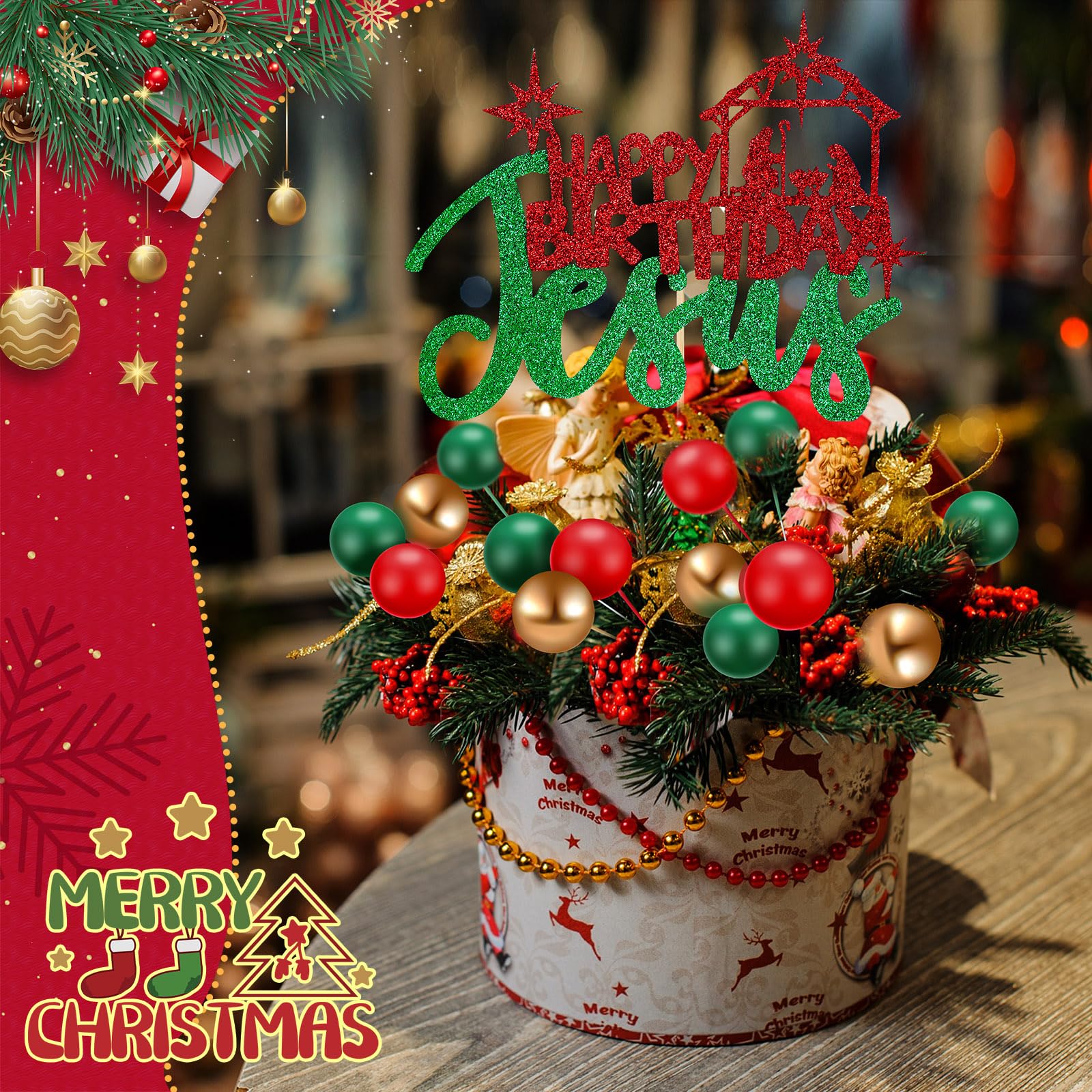 Cinnvoice 31 piezas de decoración para tartas de Navidad con purpurina de Jesús, decoración de pastel de bola, verde, rojo, dorado, belén, decoración para Navidad, vacaciones, boda, aniversario,