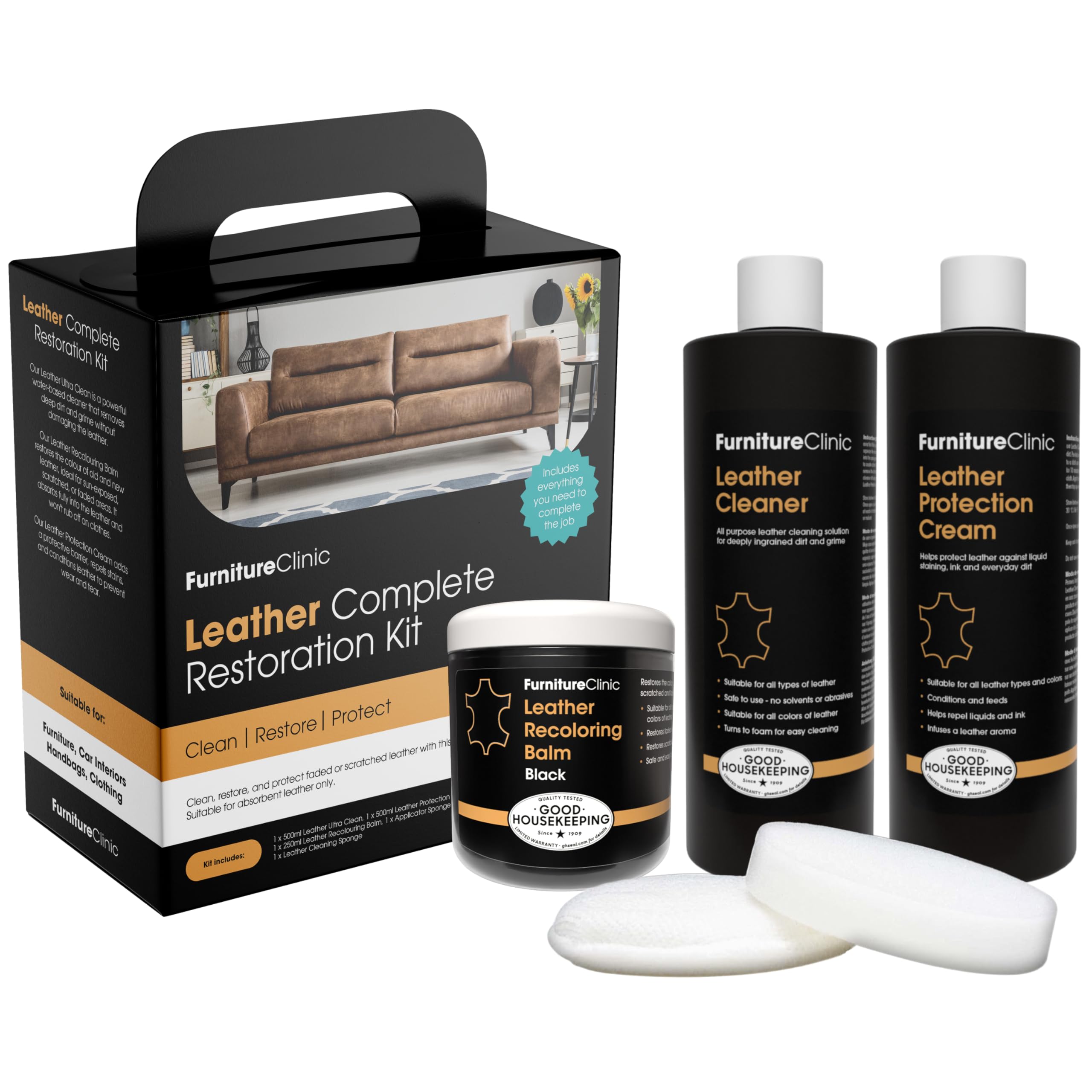 Leather Complete Restoration Kit | Includes Leather Re-Coloring Balm, Leather Cleaner, Protection Cream, Sponge & Cloth | Restores & Repairs (Black)