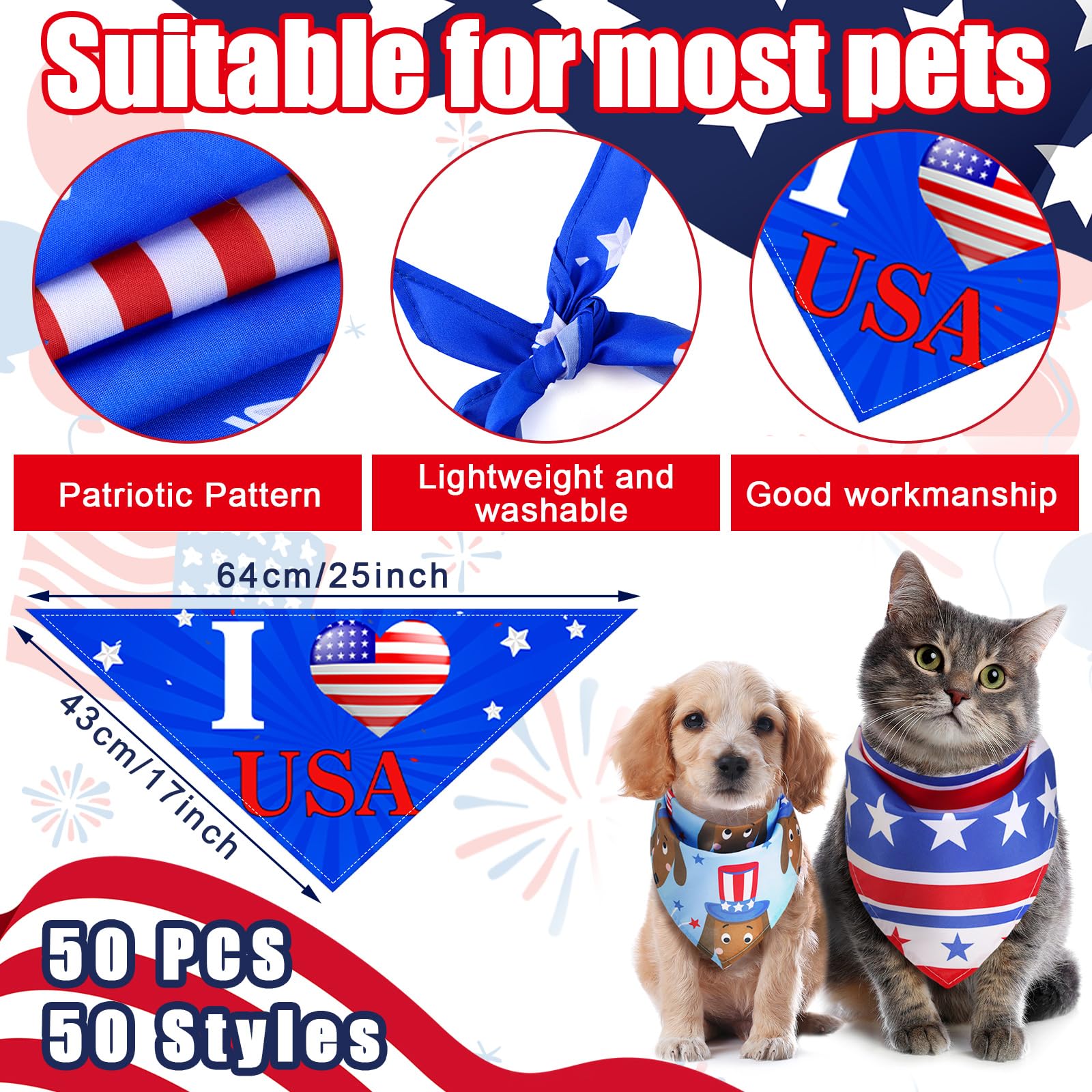Huhumy Lot de 150 bandanas pour chien du 4 juillet - Bandanas patriotiques en vrac - Fête de l'indépendance - Bavoirs triangulaires pour chiens de taille moyenne et grande - 4 juillet - Festival
