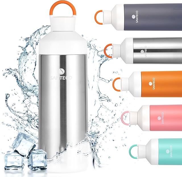 Santeco Stainless Steel Water Bottle - Leakproof, BPA Free, No Sweat - 590ml Double Wall Vacuum Insulated Flask with Flexible Handle - Wide Mouth Reusable Kid Drinks Bottle for Travel, Sport, Work