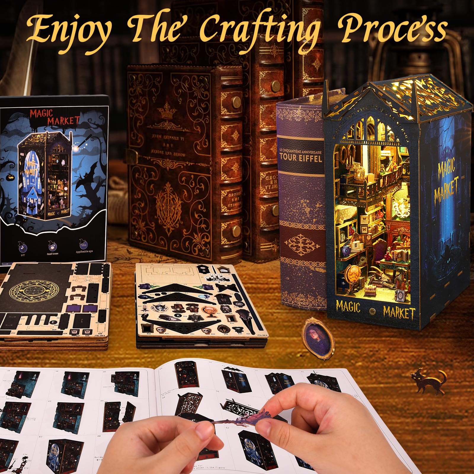 BuzzoXerex Kit Book Nook, DIY Casa in Miniatura, Casa in Legno in Miniatura, Kit Miniatura Angolo Libro 3D con Mobili e Luci LED per Decorazione Della Casa Regali Creativi (Magic Bazaar)