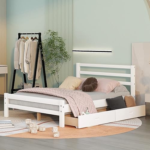CITYNIHGT Marco de cama matrimonial con cajones, plataforma de madera tamaño matrimonial con almacenamiento, marco de cama matrimonial para niños,