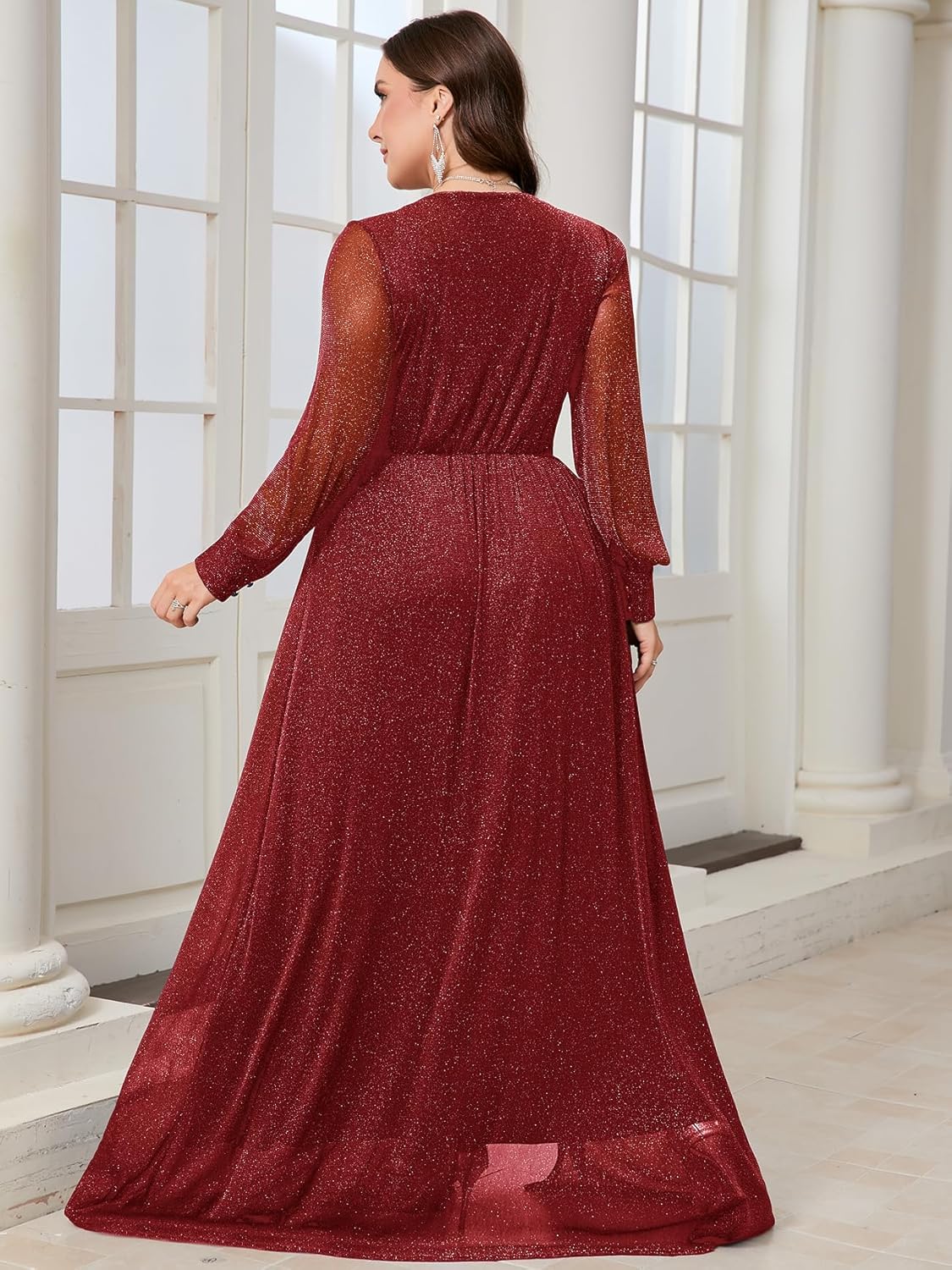 Plus Size Sparkly Formal Maxi Dress Long Sleeve Deep V-Neck Mesh Dresses with Slit Cocktail Wedding Evening Gown - Image 5