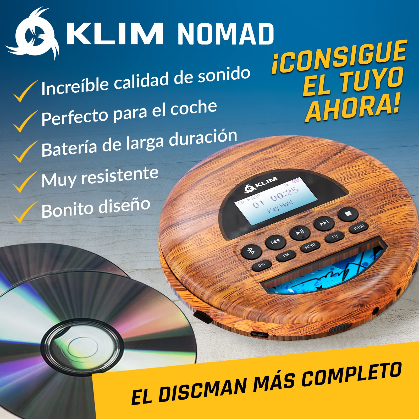KLIM Nomad Wood Lettore cd portatile with KLIM Custodia Impermeabile per Lettore CD Portatile con 3 Scomparti