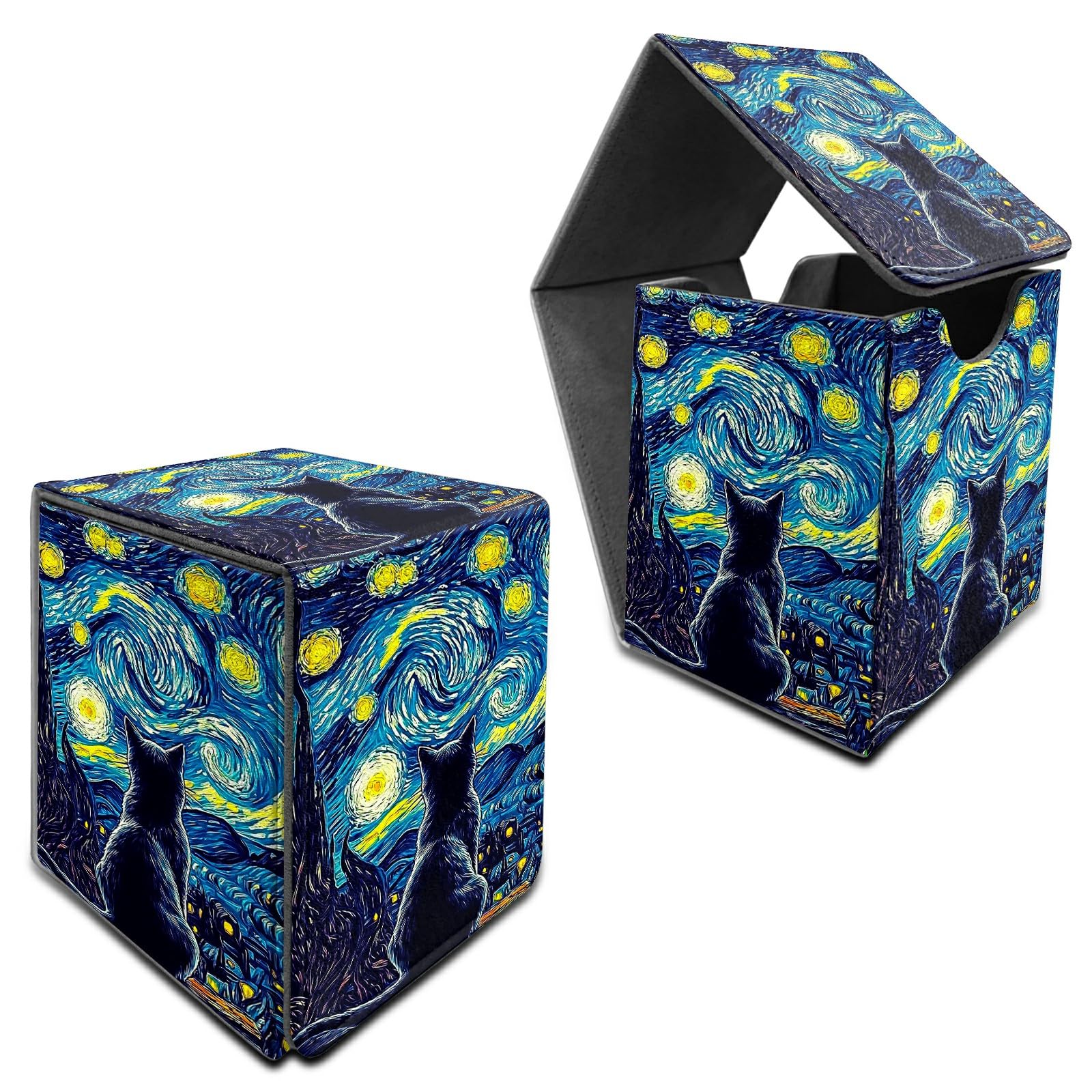 RWUTYTIUL Deck Box for MTG, Cards Storage Box Fits 120+ Sleeved, Leather Medium Size Strong Magnetic Closing Card Case for Board Games Magic TCG CCG Baseball Collection, Galaxy Black Cat