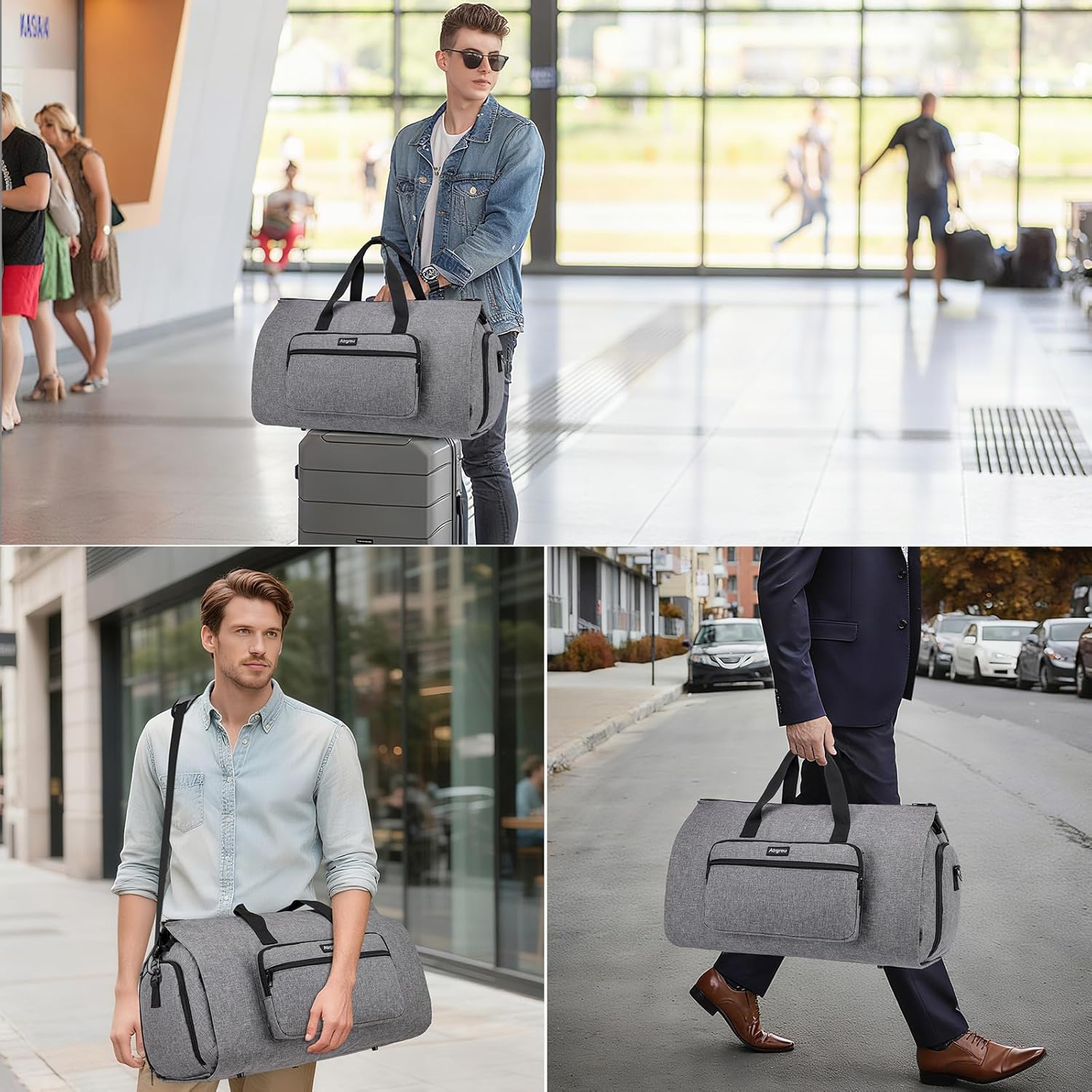 Garment Bag for Travel, Large Convertible Carry on Garment Duffel Bag for Men Women with Shoe Compartment, 2 in 1 Hanging Dress Suitcase Suit Travel Bags, Grey