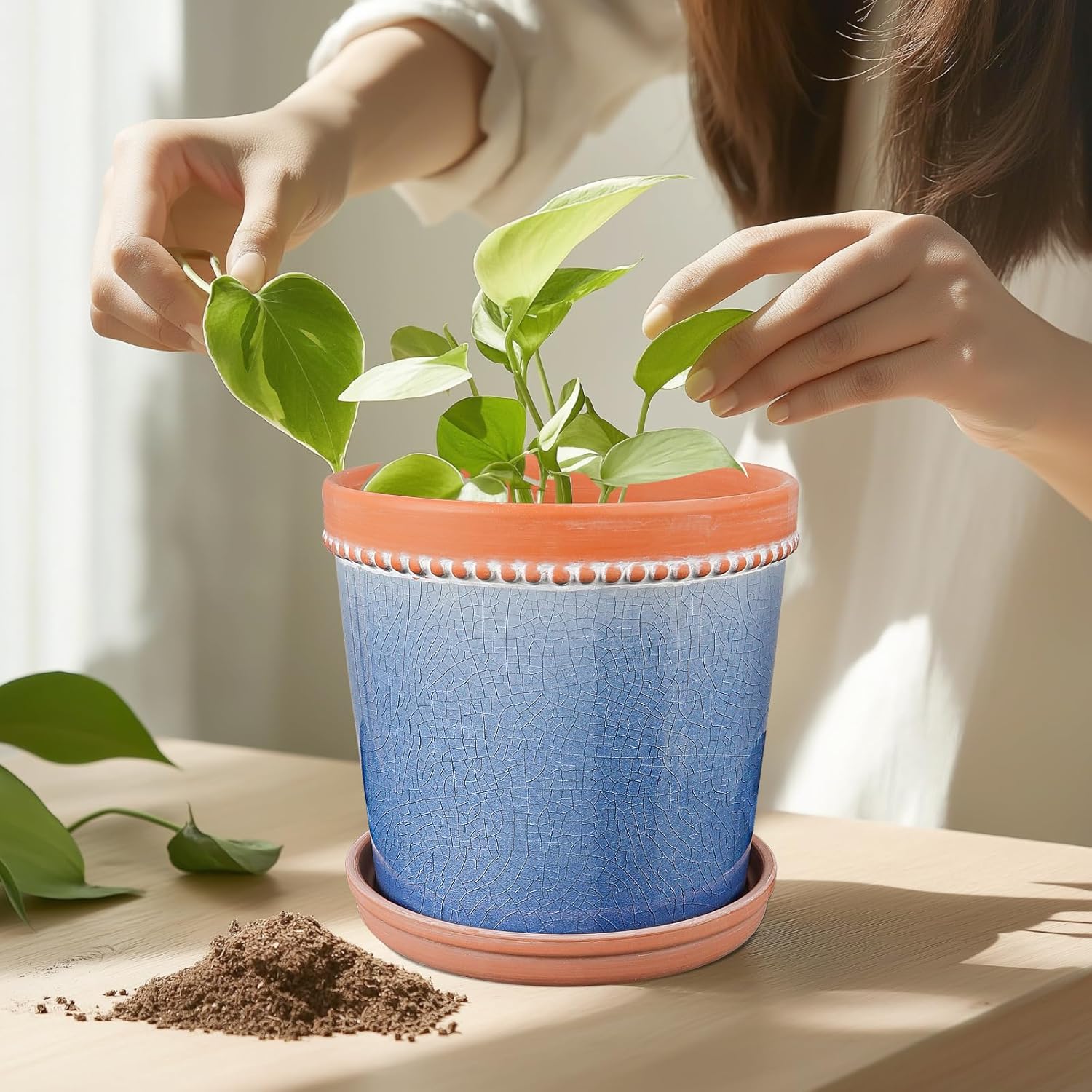 KERUITA 8 Inch Ceramic Plant Pot with Drainage and Saucer – Crackle Glaze Blue, Large House Plant Pot, Planters for Indoor Plants, Pots for Indoor Plants, Decorative Ceramic Pot for Home & Office