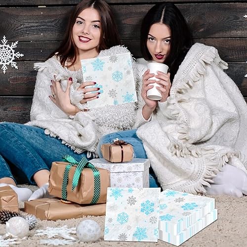 Miniatura 2 de Servilletas de invierno con copos de nieve para decoración de fiesta, diseño de copo de nieve de invierno, azul y blanco del país de las maravillas,
