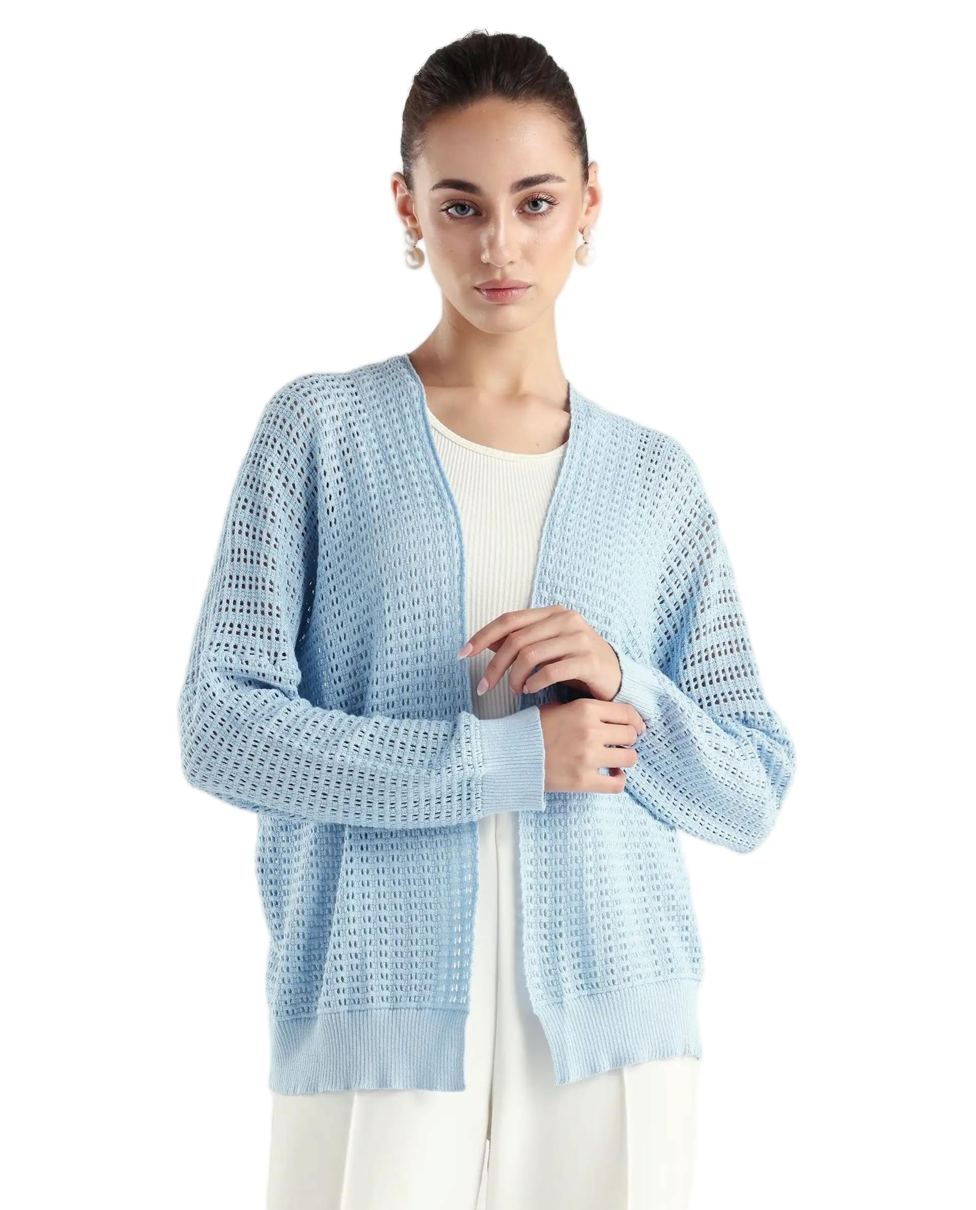 rareism Women Relaxed Solid Light Blue Cotton Long Sleeve V-Neck Shrug-picture-12