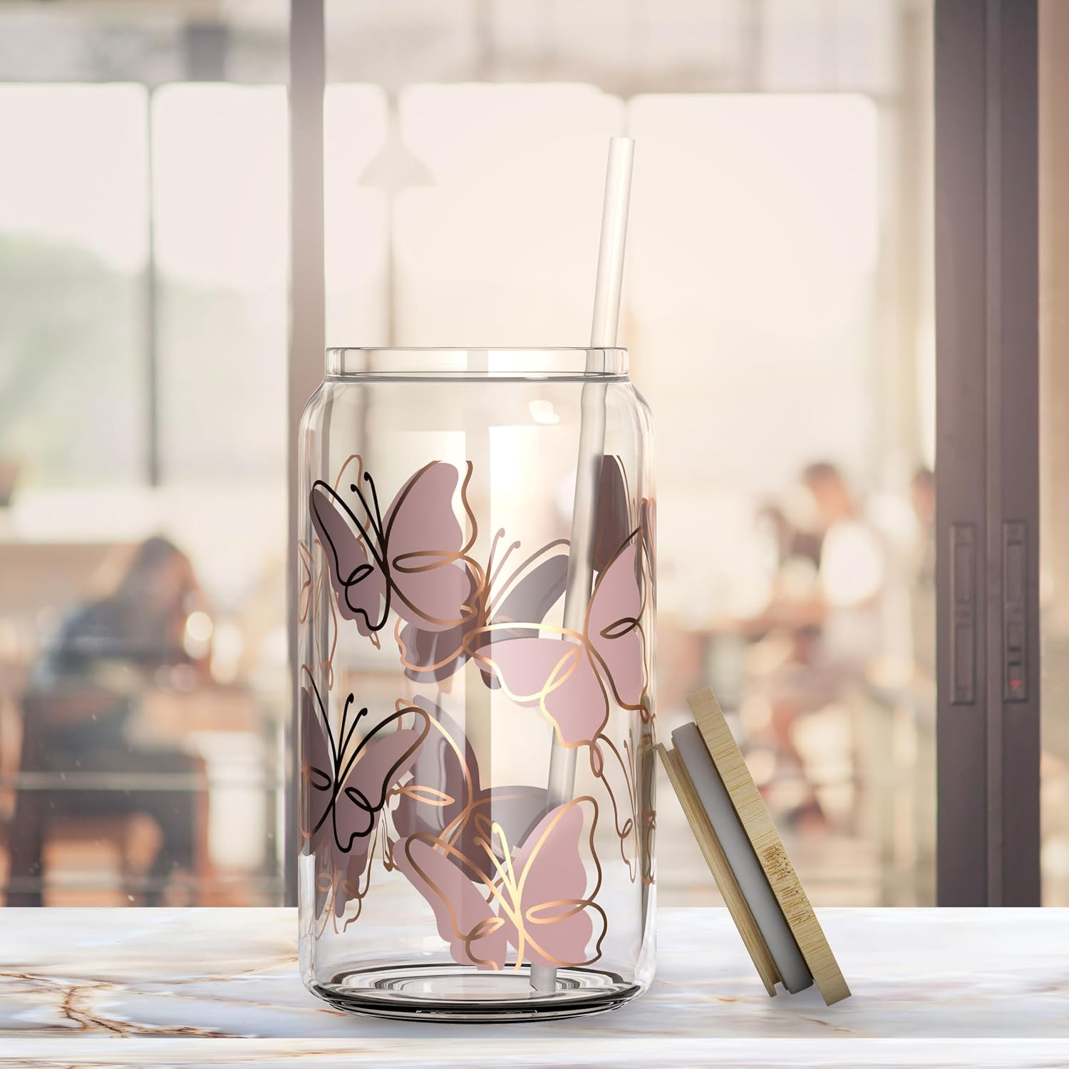 Butterfly 16 oz Mason Jar Cups | Bamboo Lids & Straws | Glass Cups for Iced Coffee, Boba & Smoothies