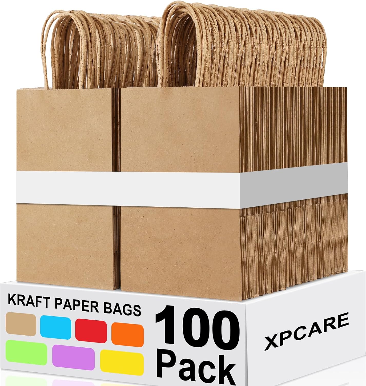 XPCARE 100Pcs Paper Gift Bags 5.25x3.25x8.25'', Small Paper Bags with Handles Bulk, Shopping Bags, Kraft Bags, Retail Bags, Party Bags Brown(Brown)