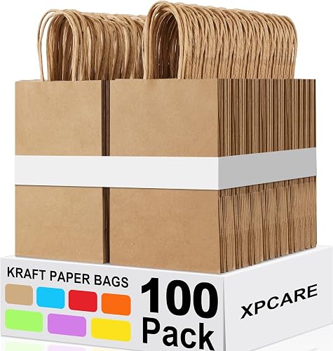 XPCARE Brown Paper Bags with Handles, 100Pcs 5.25x3.25x8.25'' Kraft Bags