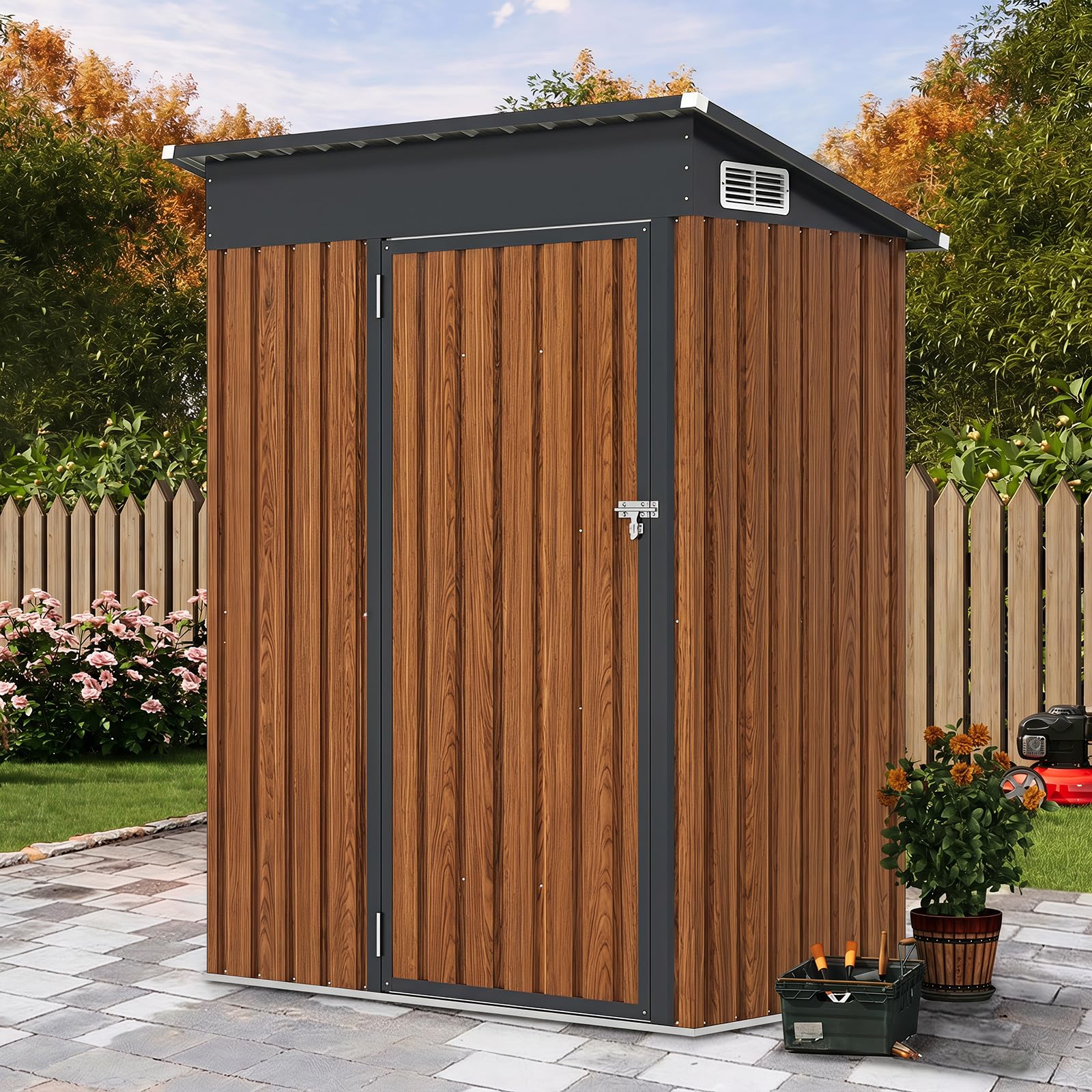COSTWAY Armadio da Esterno in Metallo Zincato (Legno) | Capanno Giardino con Tetto Inclinato, Venti d'Aria e Porta con Chiusura, Casetta Porta Attrezzi da Cortile, Prato e Patio