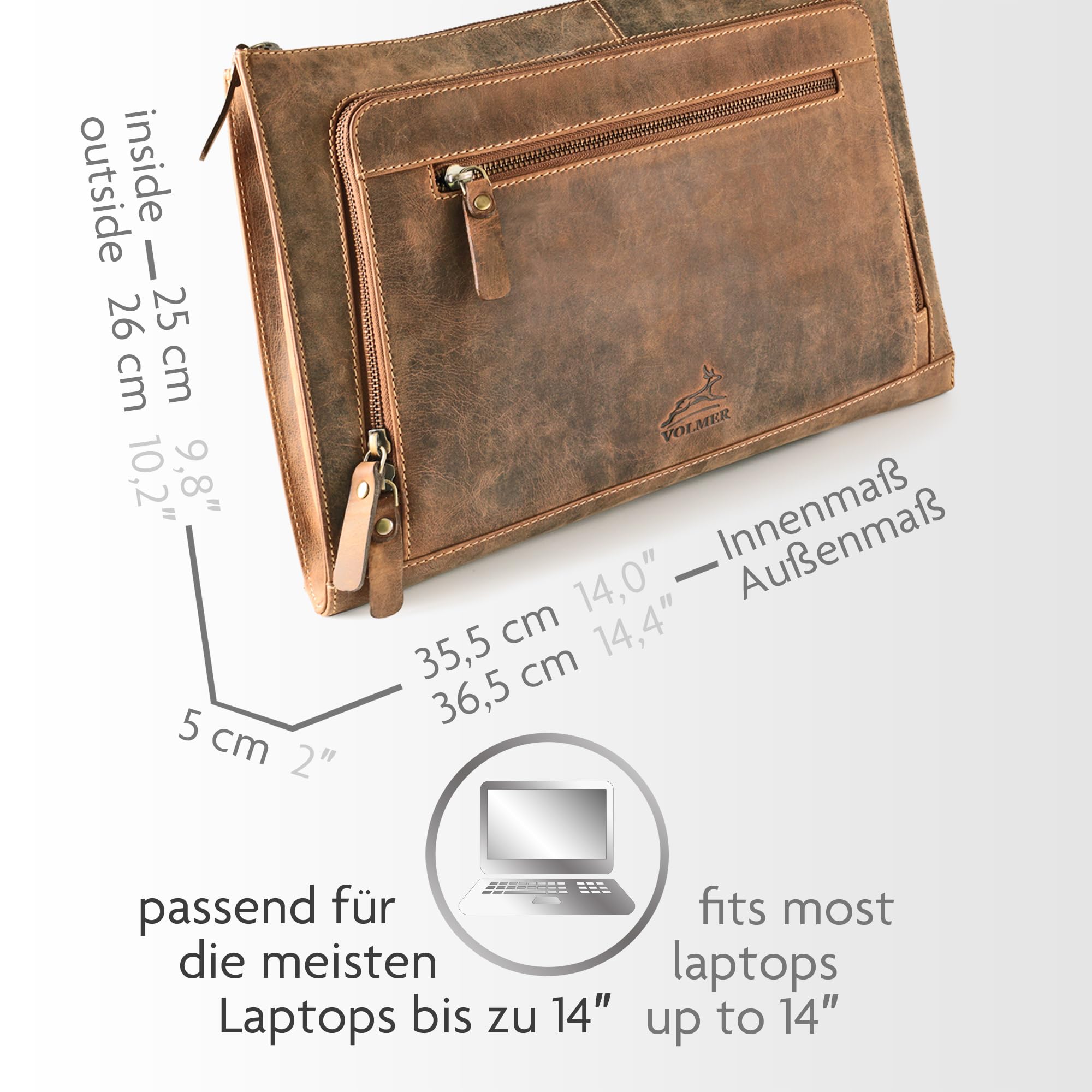 Fa.Volmer ® braune Laptop-Tasche aus echtem Büffel-Leder für MacBooks, Notebooks, Laptops und Tablets bis zu einer Größe von 14″ | Aktentasche A4 | Modell: Riverside