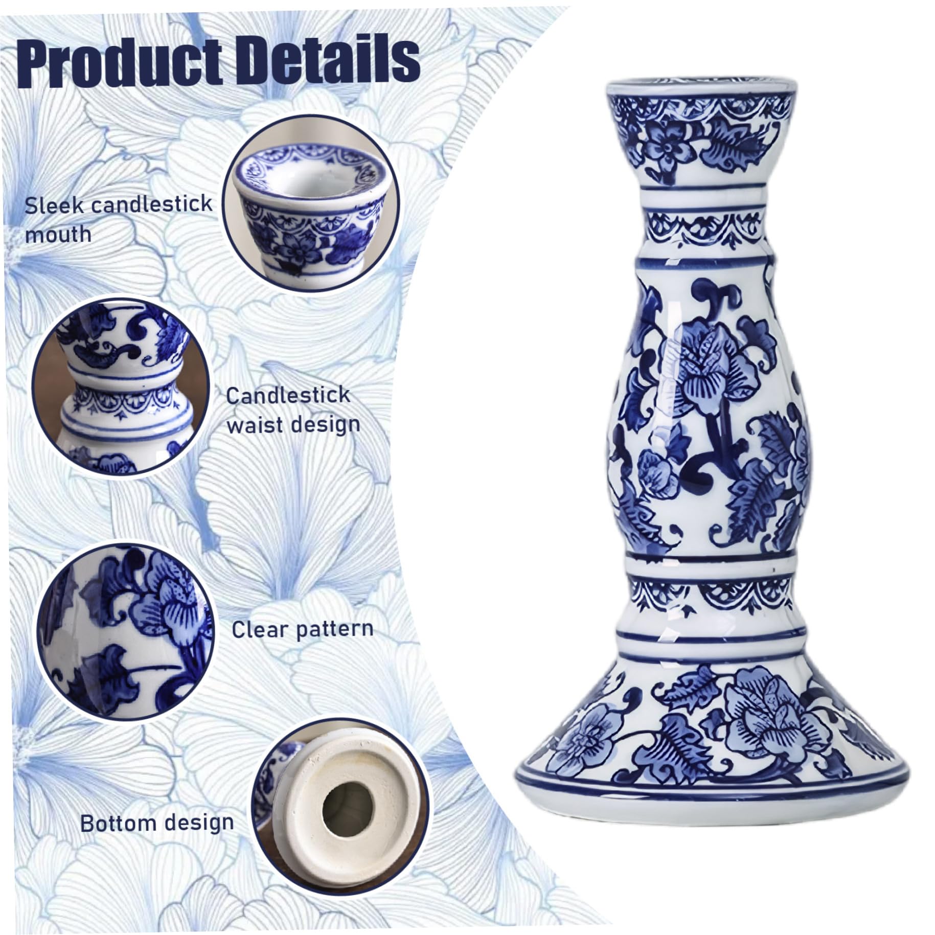 Blaues und weißes Porzellan, 21 x 9, 9 cm, Keramik-Kerzenhalter mit Blumenmuster, eleganter handgefertigter Kerzenhalter für Schreibtisch- und Raumdekoration, Keramik