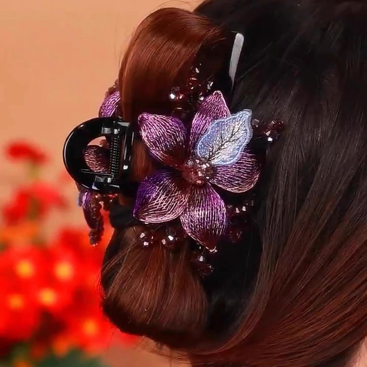 SINIDE Rhinestones Hair Clips, Hand-woven Copper Wire Flower Clip Barrette Plastic Crystal Claw Jaw Clamp Wedding Head Piece Styling Accessories for Women Ladies Thick Curly Hair (Purple)