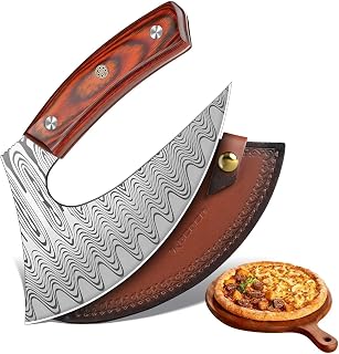 ROCOCO Pizza Cutter Ulu Knife – Full Tang Mezzaluna Rocker Chopper | with Sheath for Kitchen, Camping, BBQ, Gifts Men Women