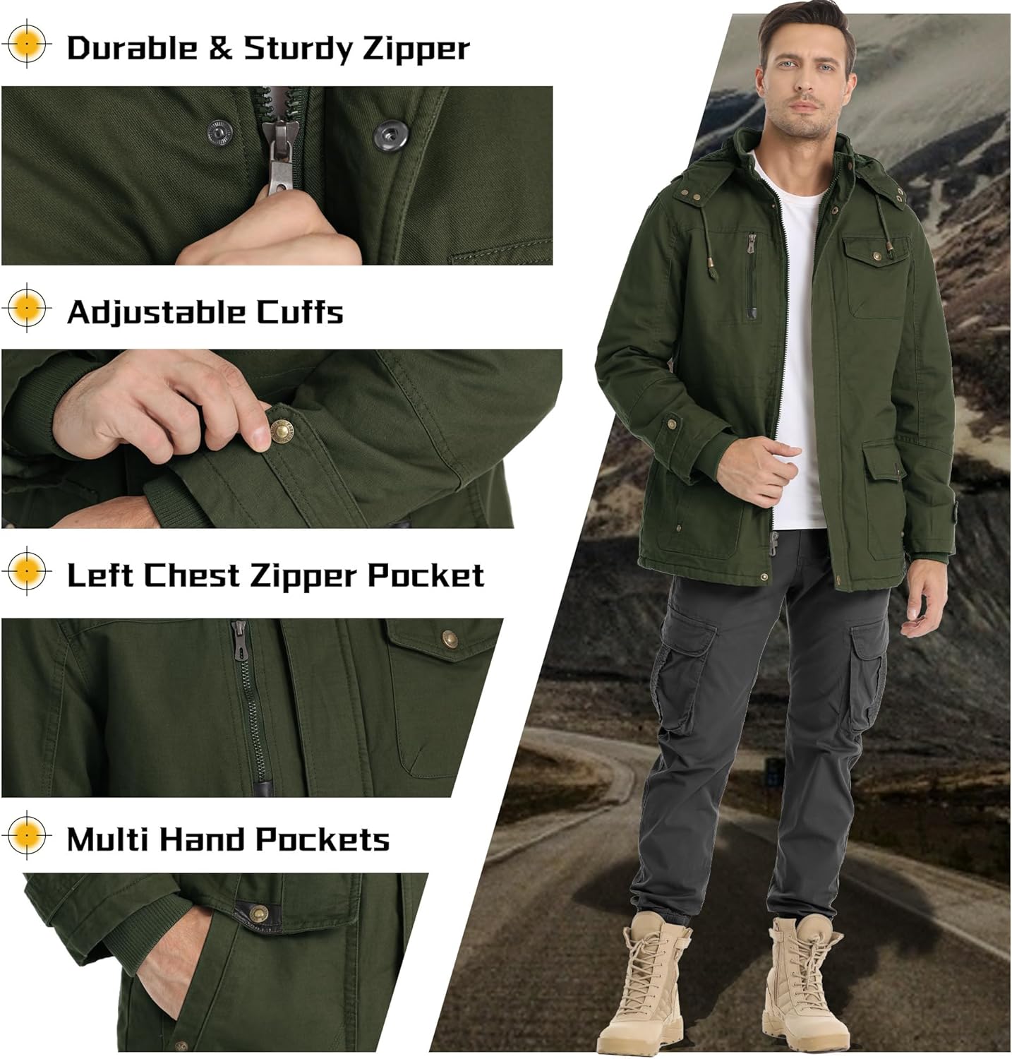 CHEXPEL Men’s Thick Winter Jackets with Hood Fleece Lining Cotton Military Jackets Work Coats with Cargo Pockets Outwear