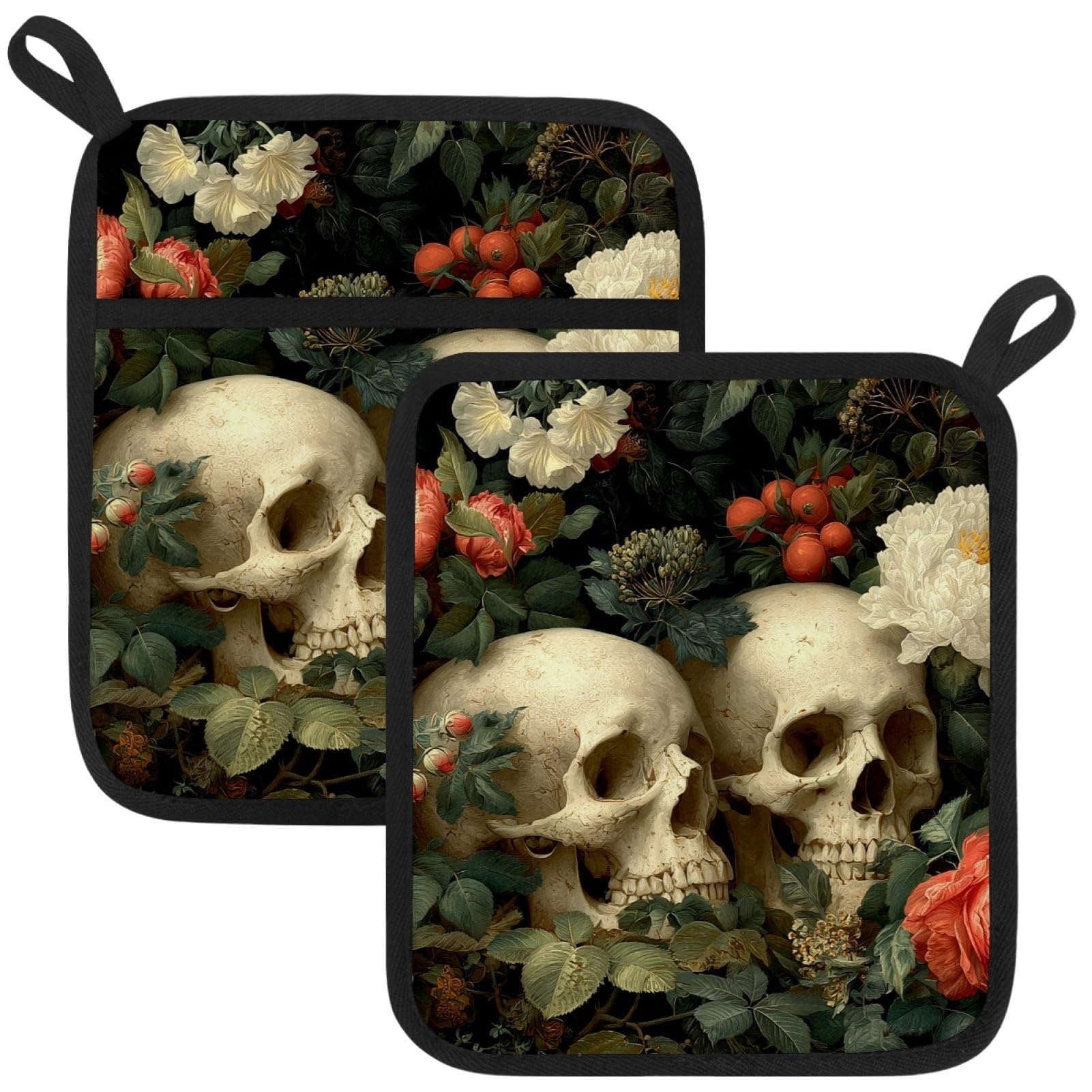VAPOKF Skeleton Flowers Pot Holders with Pocket for Kitchen Heat Resistant Potholders Large Polyester-Cotton Square Oven Mitts Set