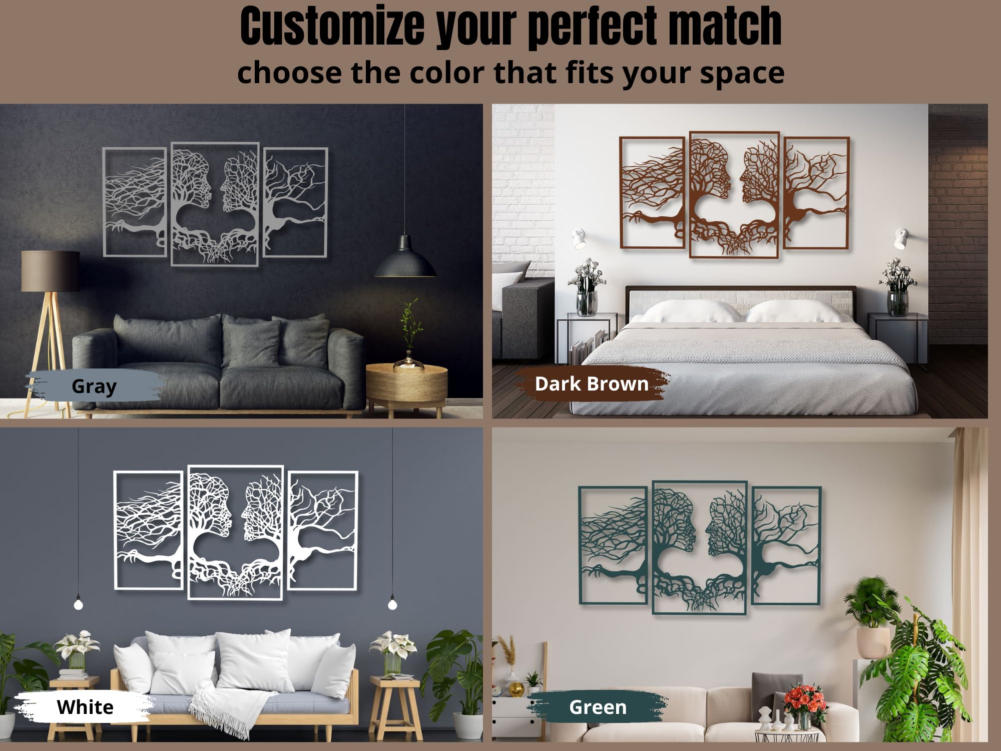 VAILLA Wanddeko 3D aus Holz XXL Wandbild Wohnzimmer & Schlafzimmer, Moderne Holzbilder Schwarze Wand Deko, Home Wall Art Dekoration Lebensbaum Motiv (Gesichter 2)