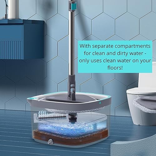 Miniatura 2 de True & Tidy Sistema de trapeador giratorio y cubo con 4 almohadillas de microfibra lavables a máquina, cubo de trapeador de doble compartimento,