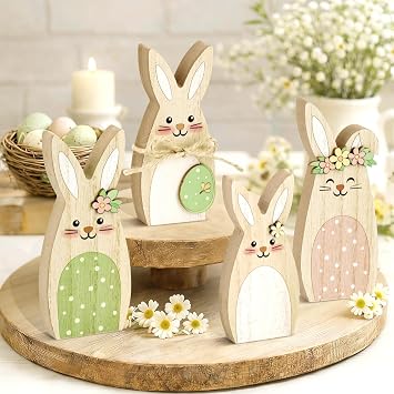 Easter Decorations for Home, 4 Pcs Wooden Bunny Decor for Home, Easter Table Decor, Farmhouse Easter Decor, Bunny Decorations for Table, Tiered Tray, Mantel, Office